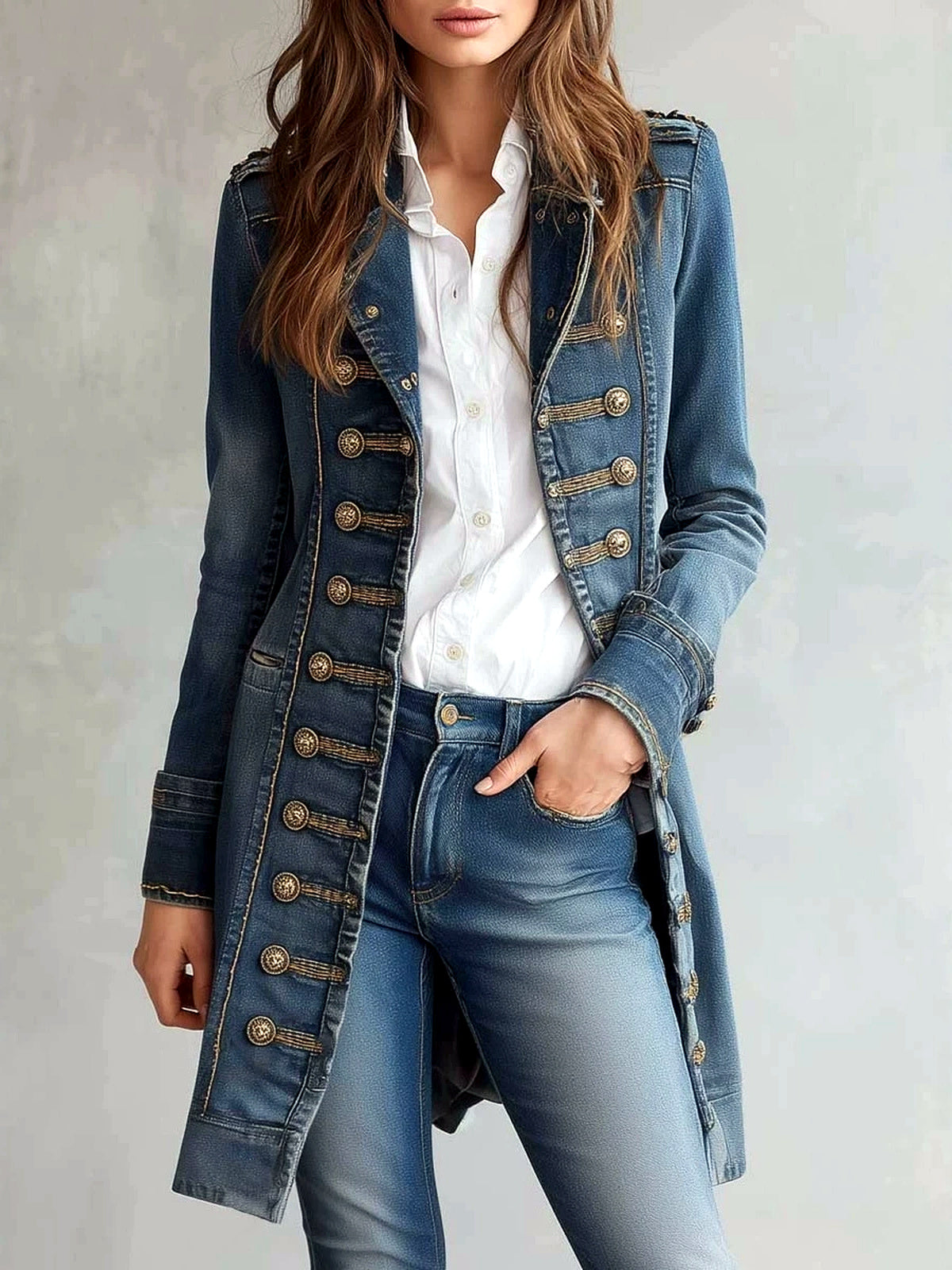 Washed Denim Patchwork Distressed Slim-Fit Stand-Collar Jacket in Blue - product view