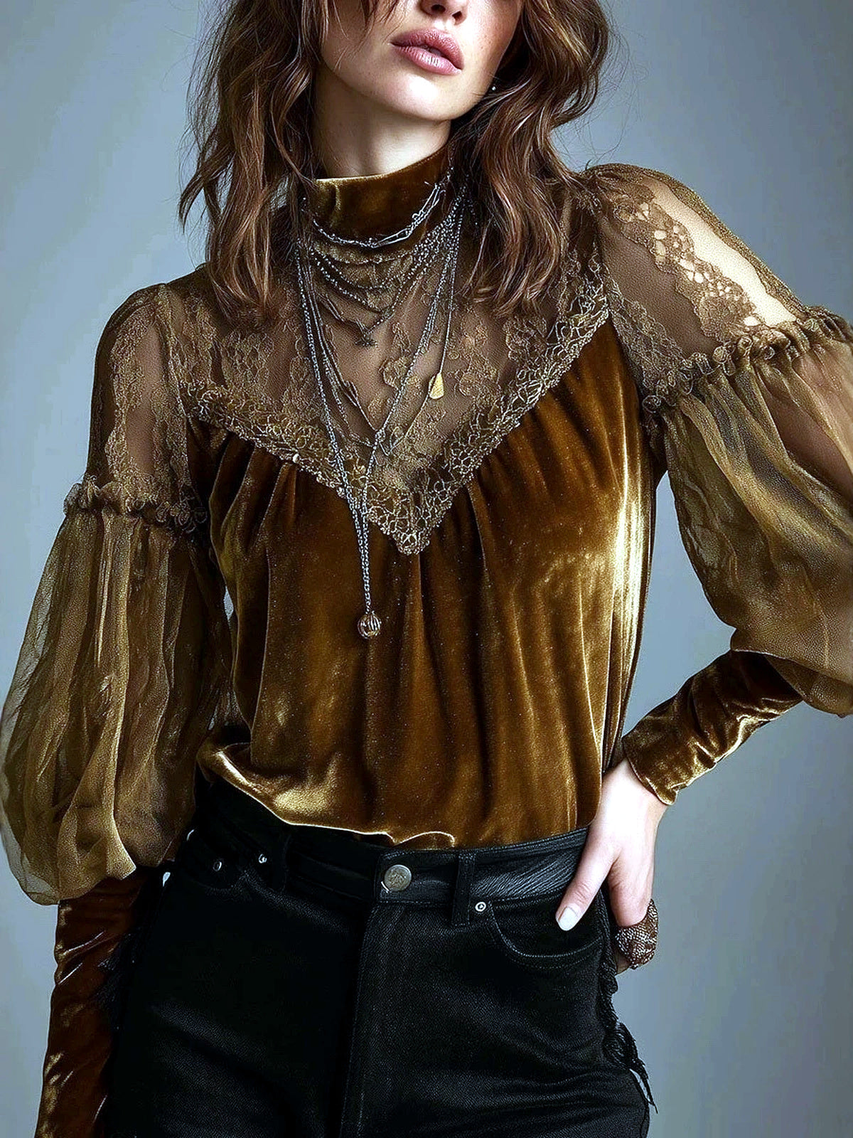 Women's Lace-Trim Patchwork Stretch Relaxed-Fit Long-Sleeve Office Blouse in brown - product view
