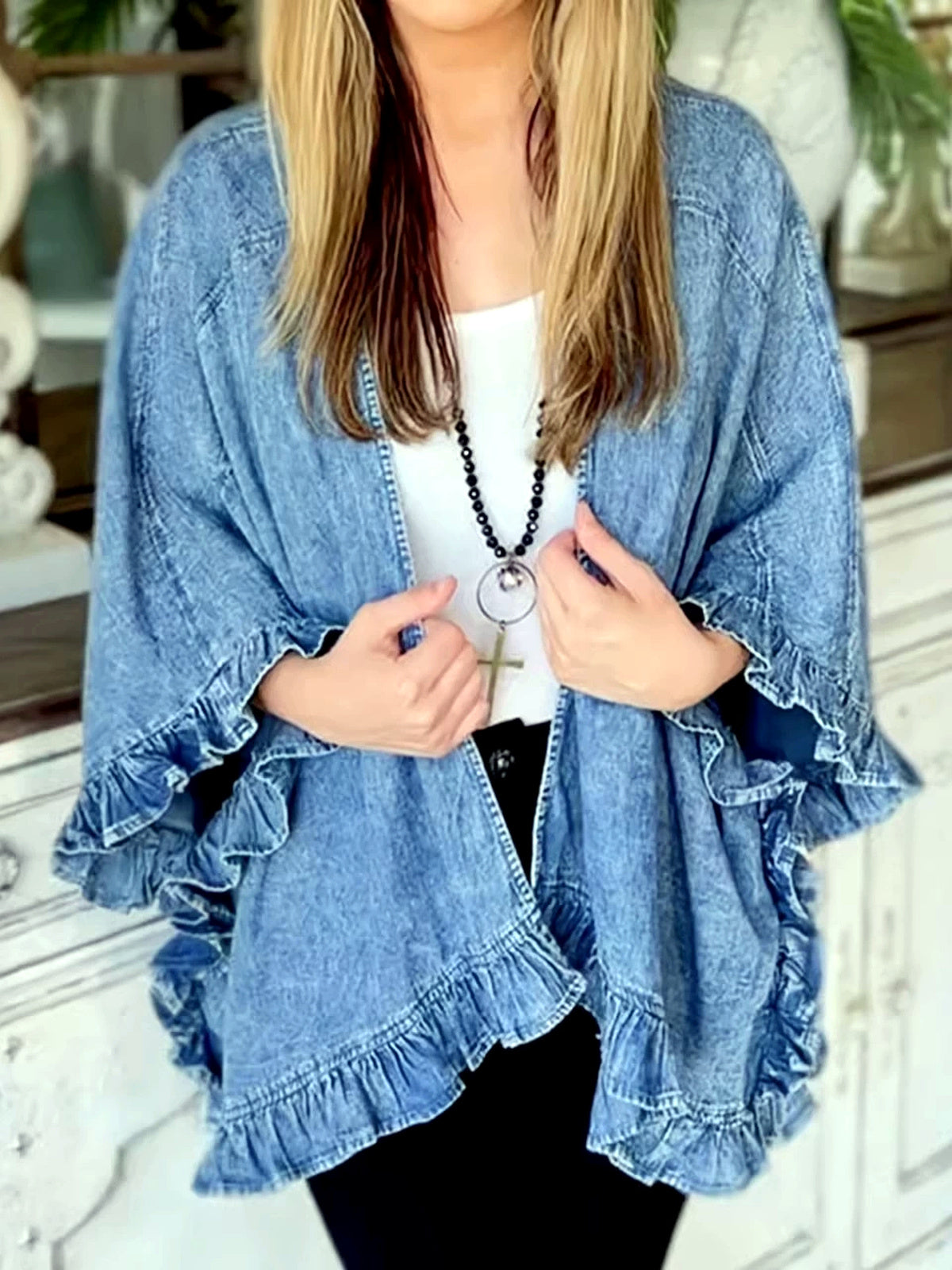 Women's Denim Ruffle-Trim Lace-Trim Washed Jacket in Blue - product view