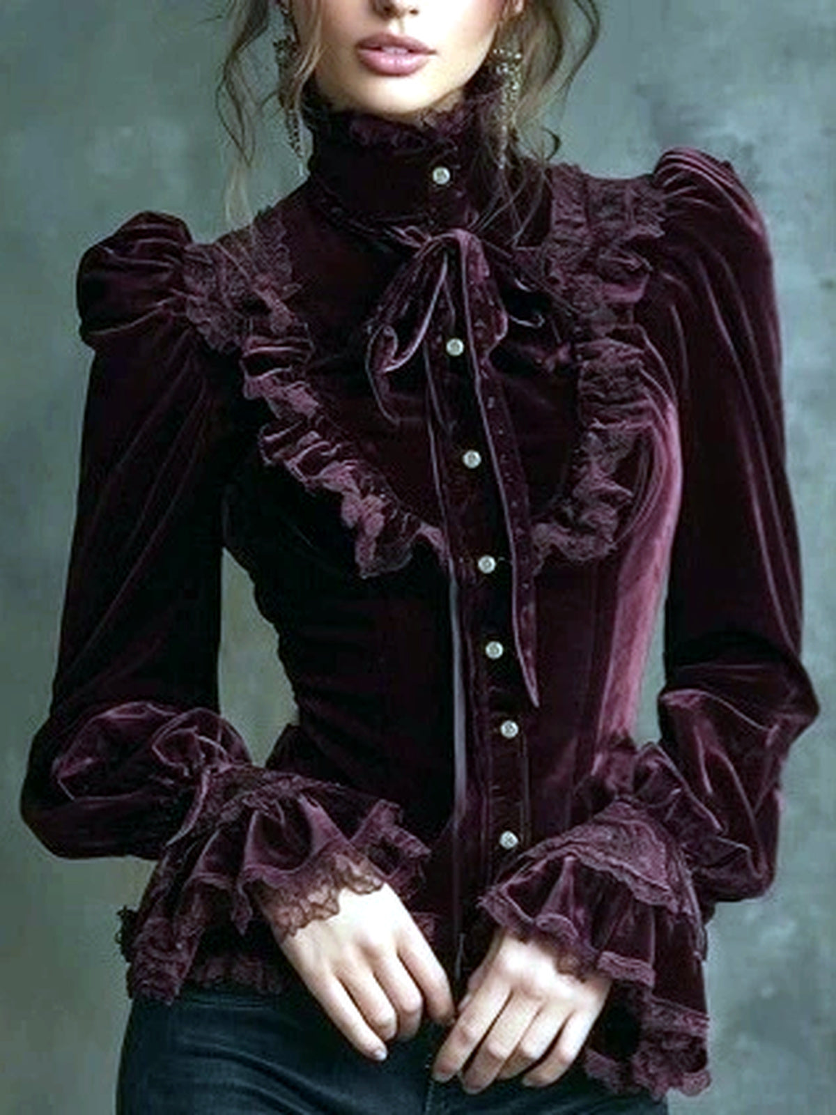 Velvet Patchwork Relaxed-Fit Long-Sleeve Vintage-Inspired Shirt in Red - product view