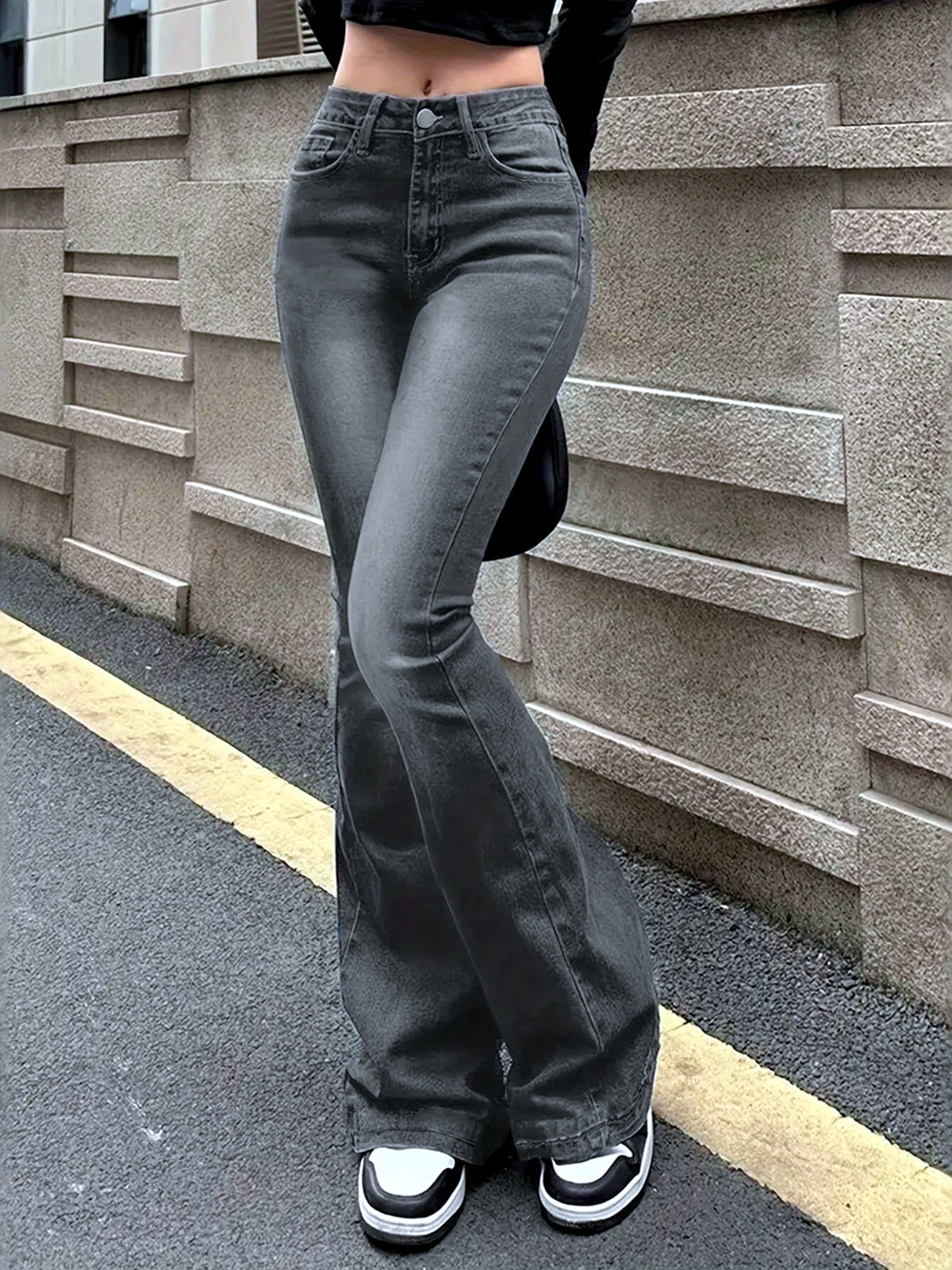 Women's Washed Denim Distressed Slim-Fit Straight-Leg Flared Jeans in Black - product view