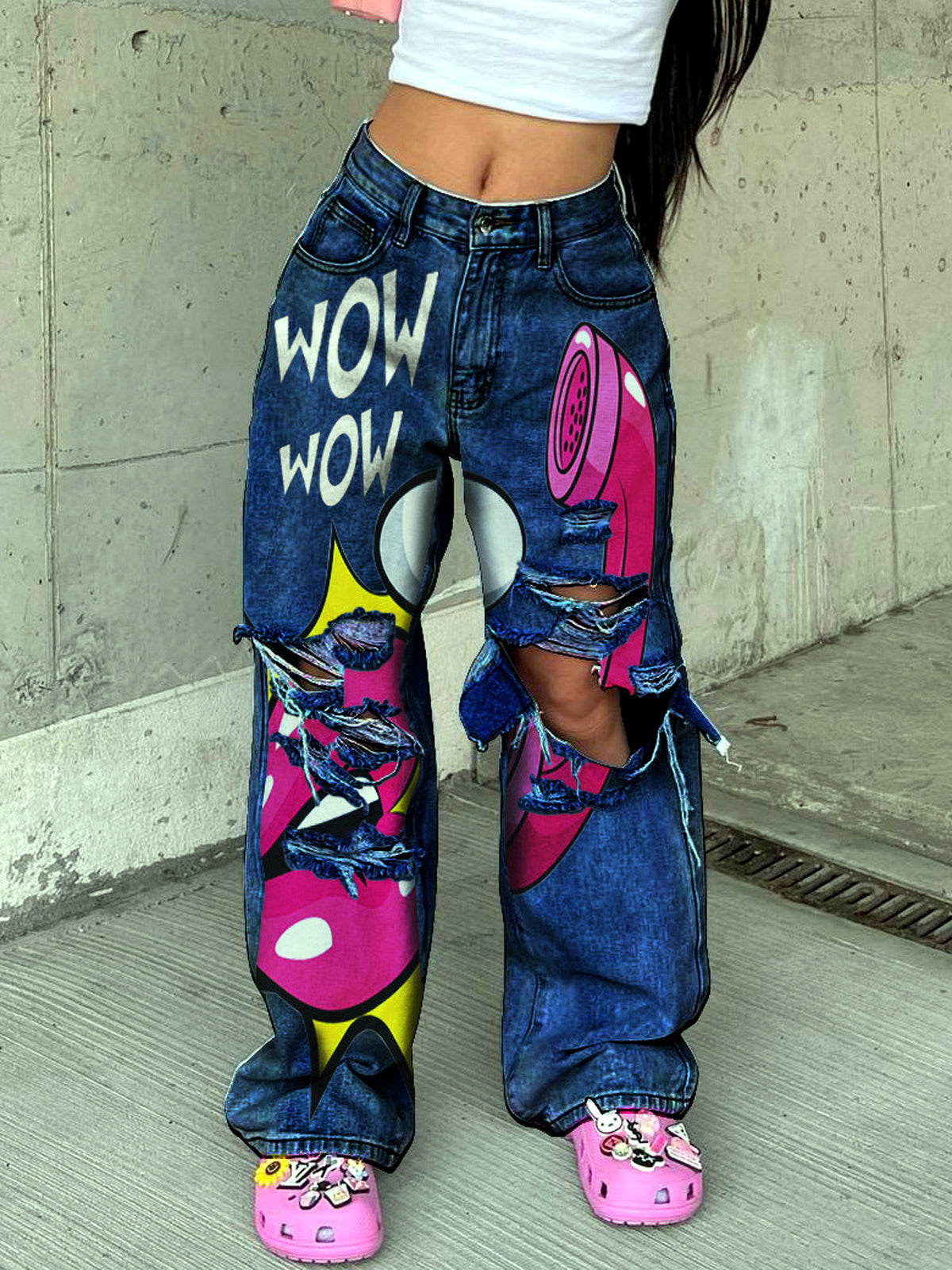 Women's Denim High-Waist Wide-Leg Raw-Hem Jeans in Dark Blue - product view
