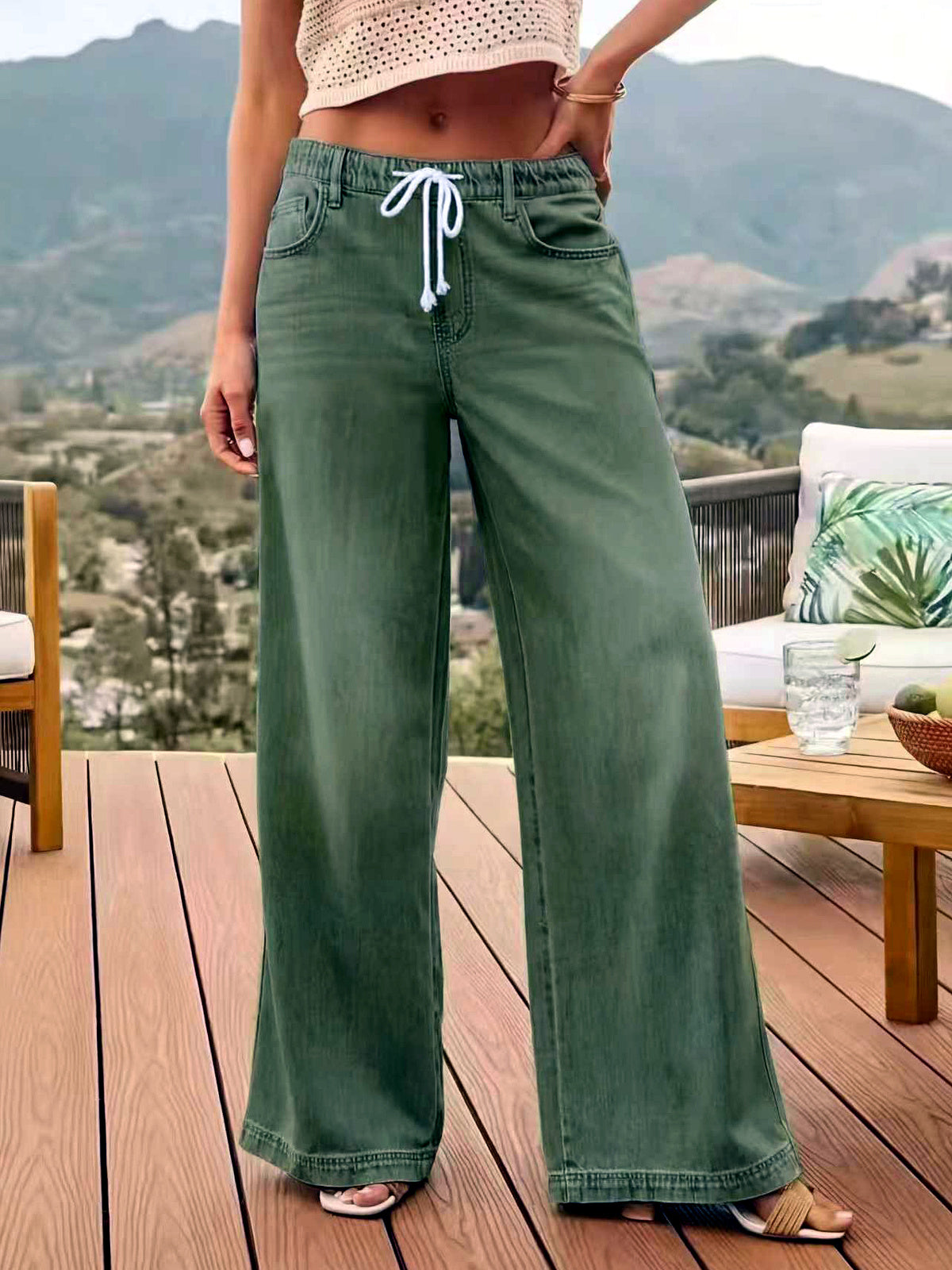 Women's Denim Relaxed-Fit Wide-Leg Straight-Leg Flared Belted Jeans in Army Green - product view