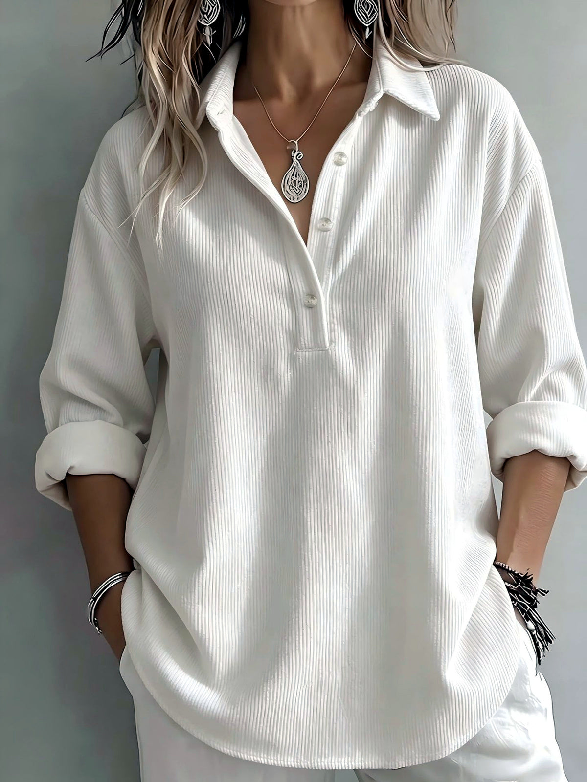 Women's Corduroy Solid-Color Stretch Relaxed-Fit Point-Collar Long-Sleeve Shirt in White - product view