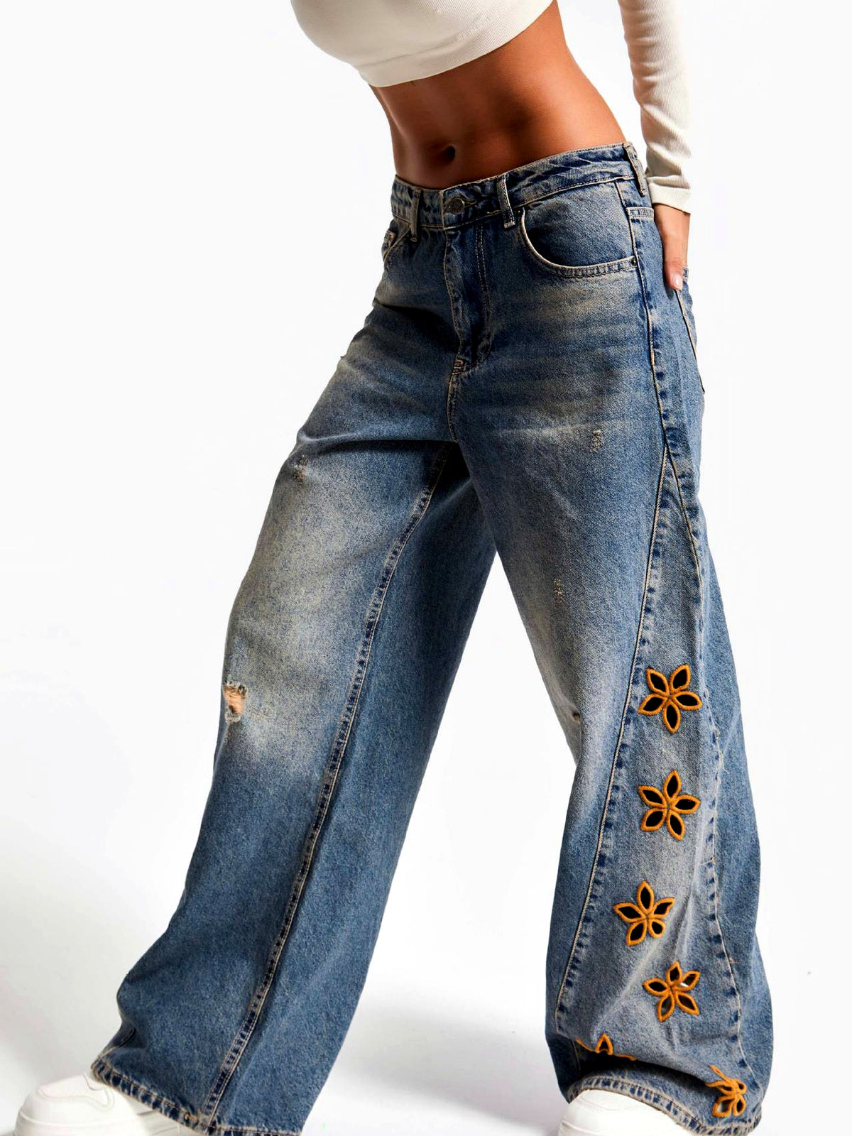 Women's Washed Denim Relaxed-Fit High-Waist Straight-Leg Zip-Front Jeans in Blue - product view