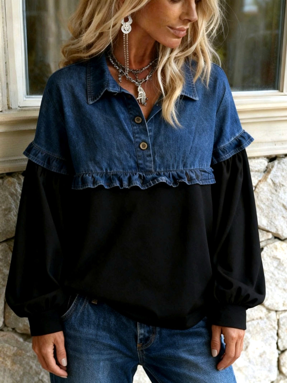 Women's Denim Patchwork Relaxed-Fit Long-Sleeve Sweatshirt in Black - product view