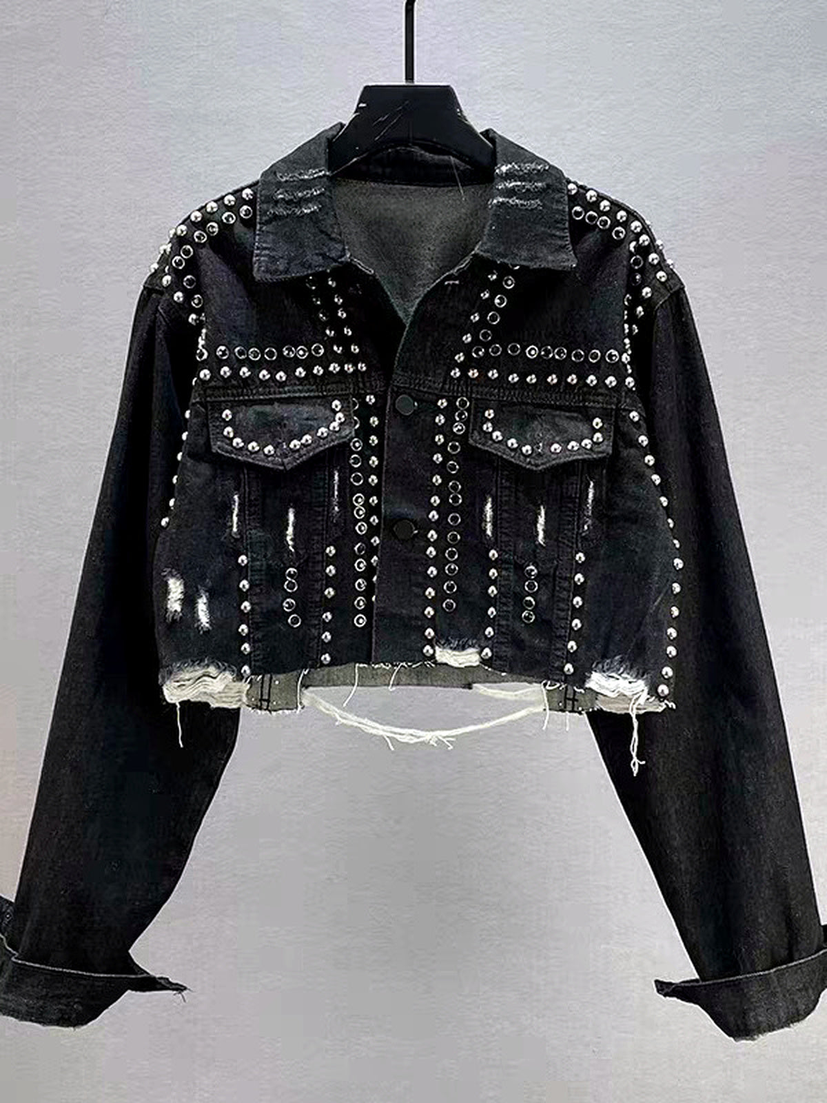 Women's Denim Point-Collar Long-Sleeve Office Jacket in Black - product view