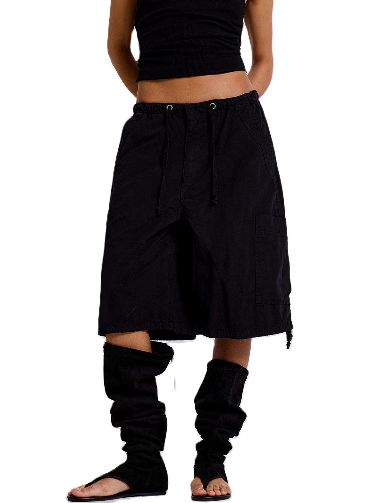 Women's Elastic Waist Drawstring Straight Leg Pants Casual Vacation Denim Mid-Rise Pocket Trousers in Black - product view