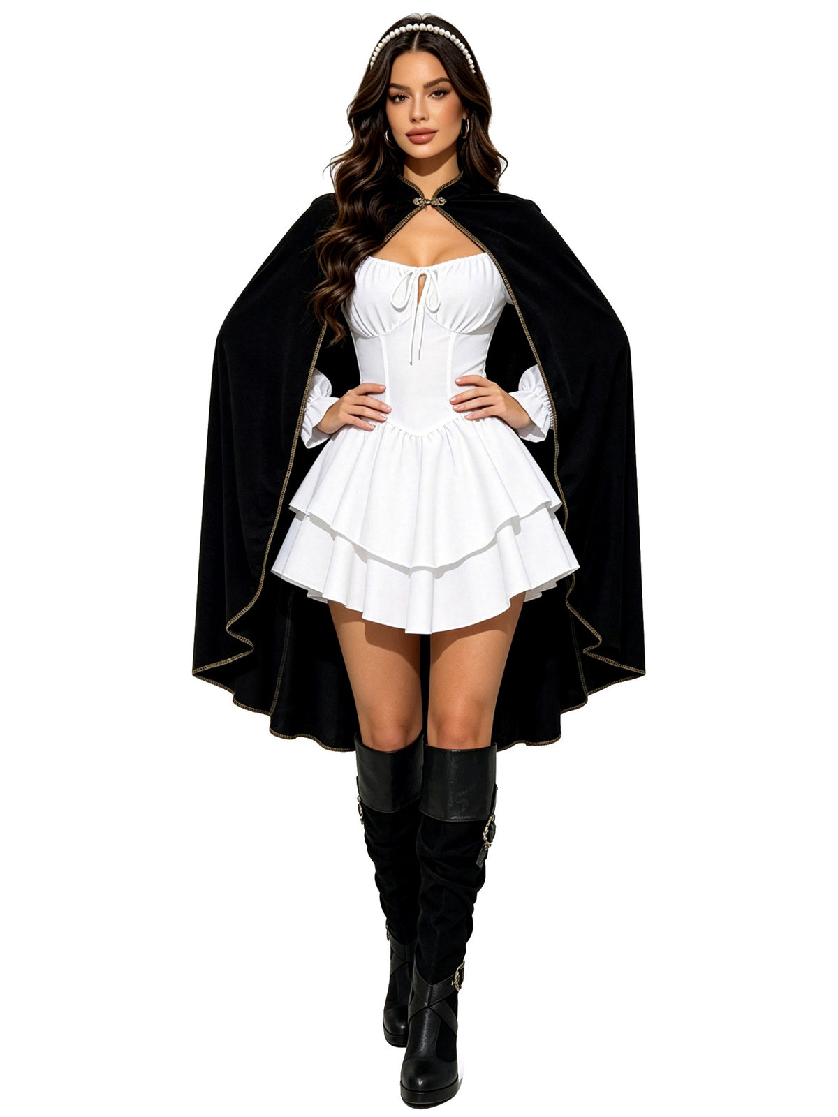 Women's Halloween Cosplay Medieval-Inspired Velvet Stand-Collar Vintage-Inspired Poncho in Black - product view