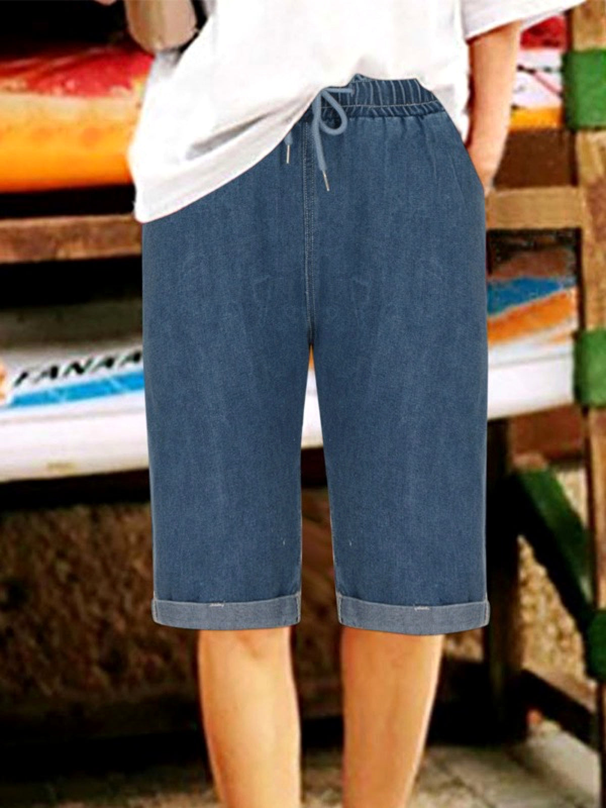 Women's High Waist Distressed Denim Bermuda Shorts Raw Hem Ripped Jeans Straight-Leg Relaxed-Fit Shorts in Blue - product