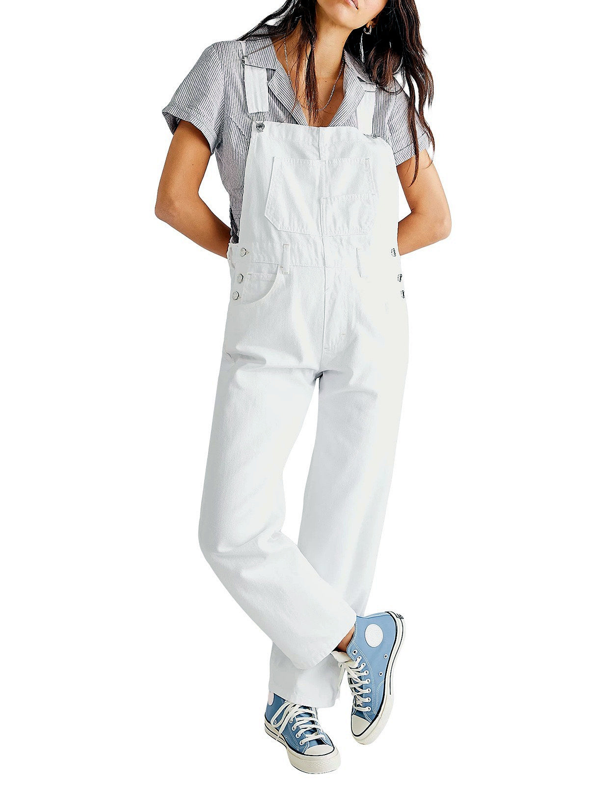 Women's Relaxed-Fit Washed Denim Bib Overalls with Utility Pocket in White - product view