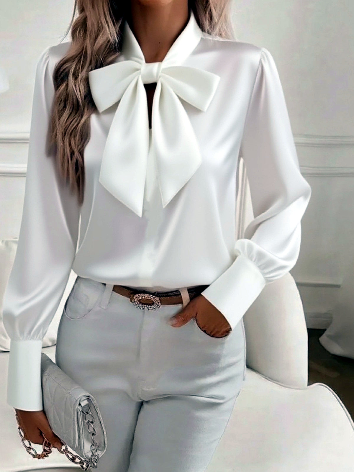 Women's Butterfly-Pattern Patchwork Long-Sleeve Shirt in White - product view