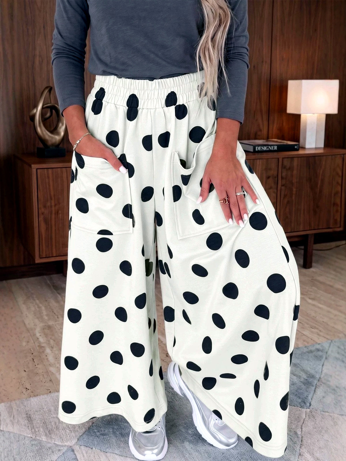 Women's Printed Pocket Polka-Dot High-Waist Wide-Leg Pants in White - product view