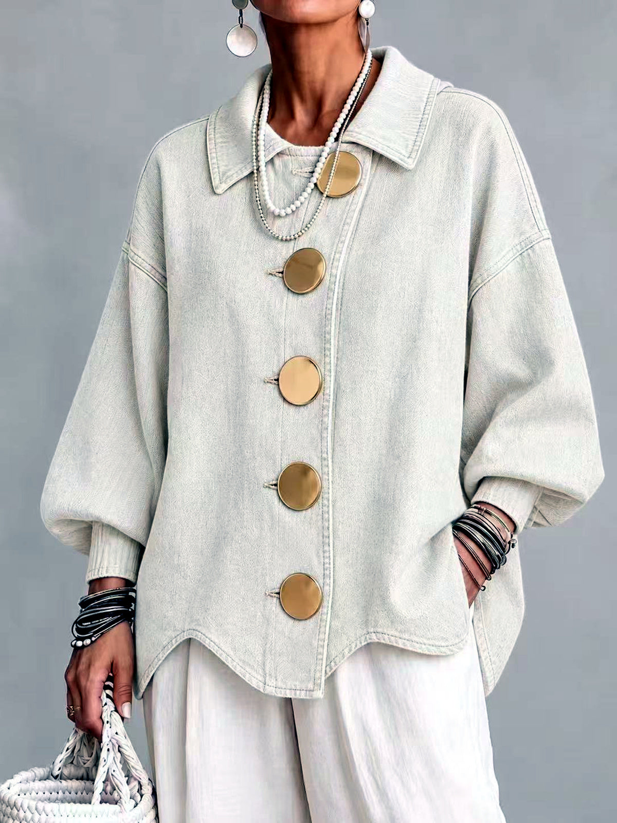 Women's Denim Point-Collar Button-Front Washed Jacket in White - product view