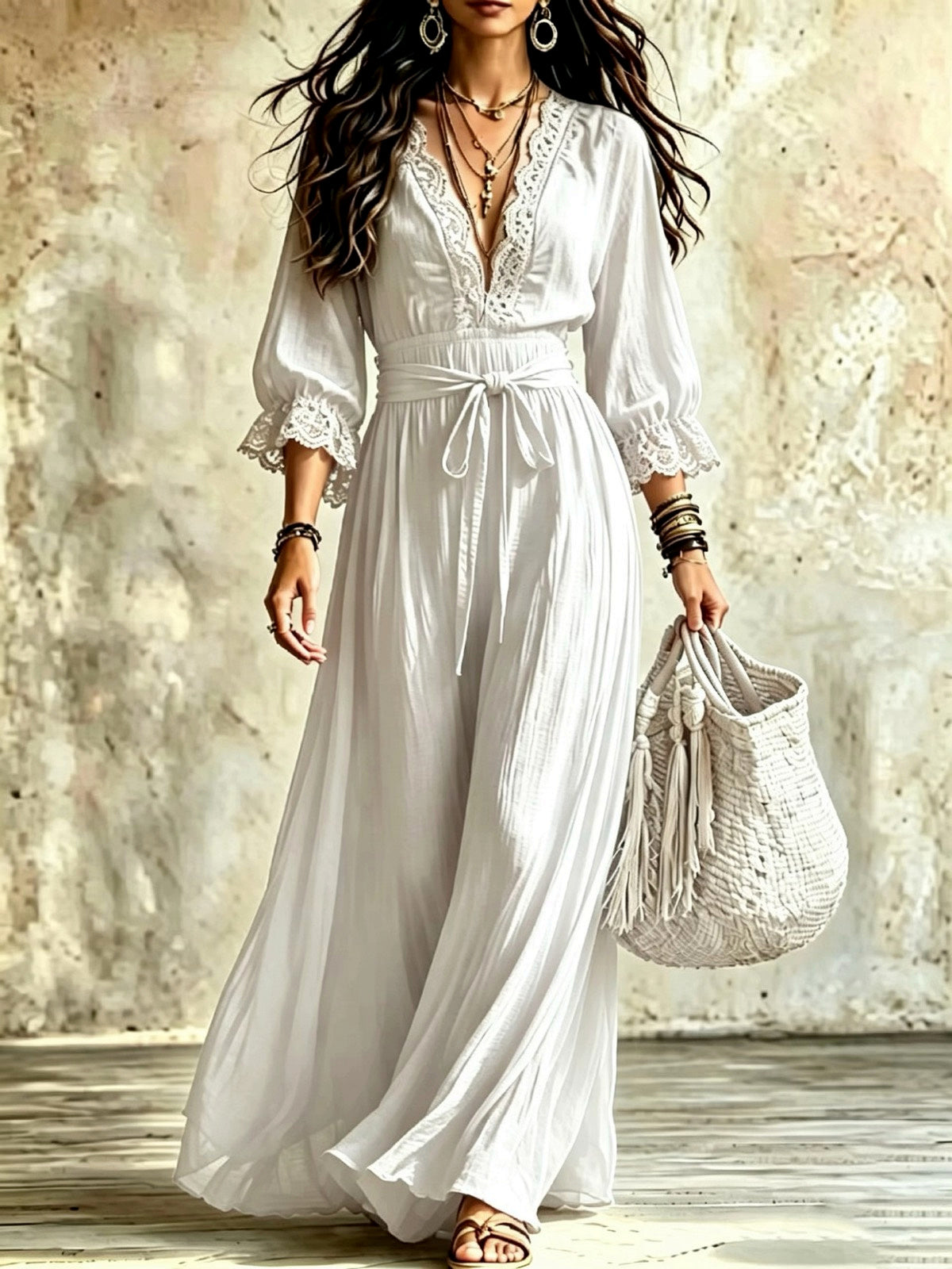 Women's V-Neck Lace-Trim Belted Flared Apparel in White - product view