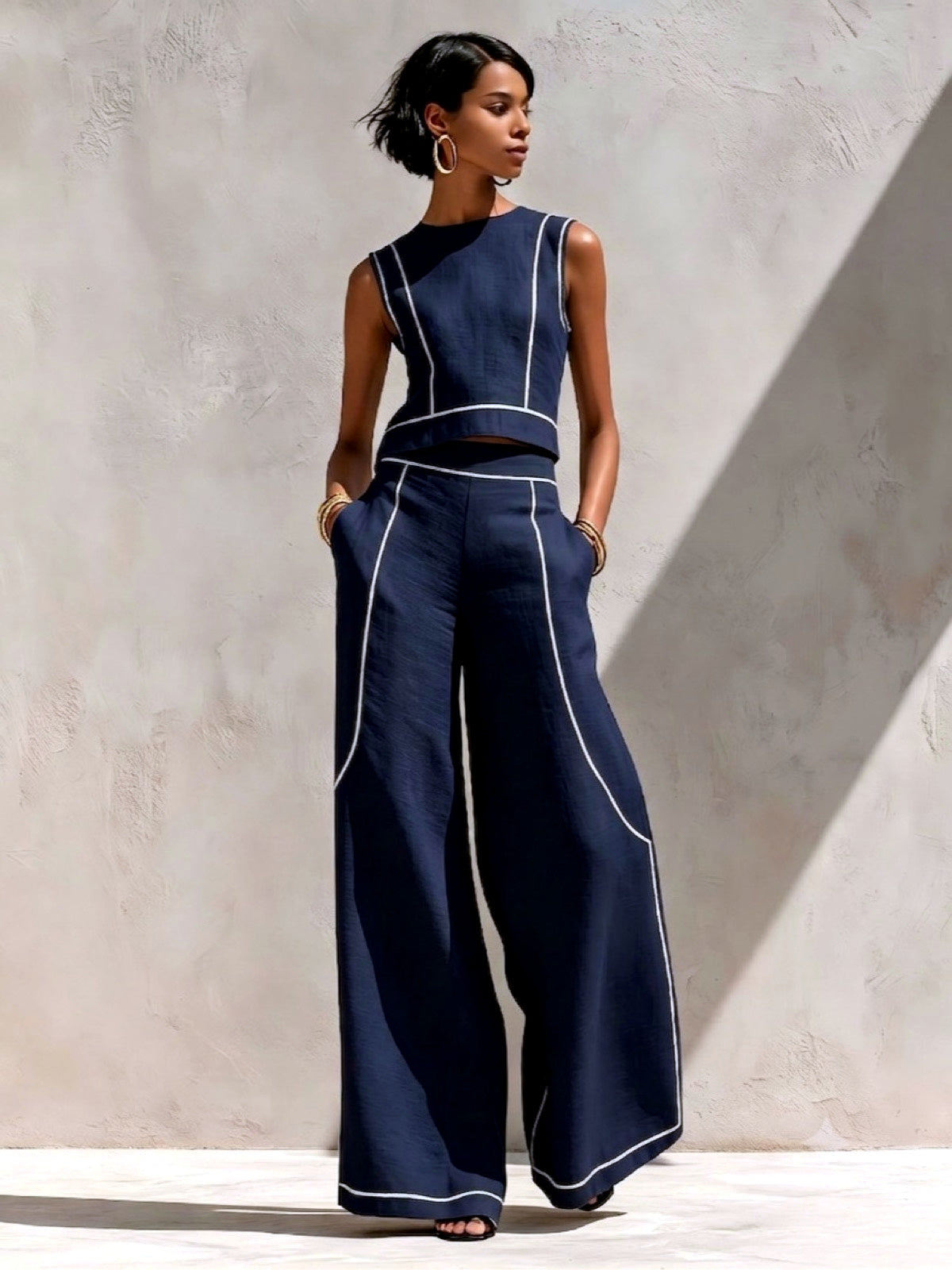 Women's Colorblock Sleeveless Wide-Leg Top & Pants Set in Navy - product view