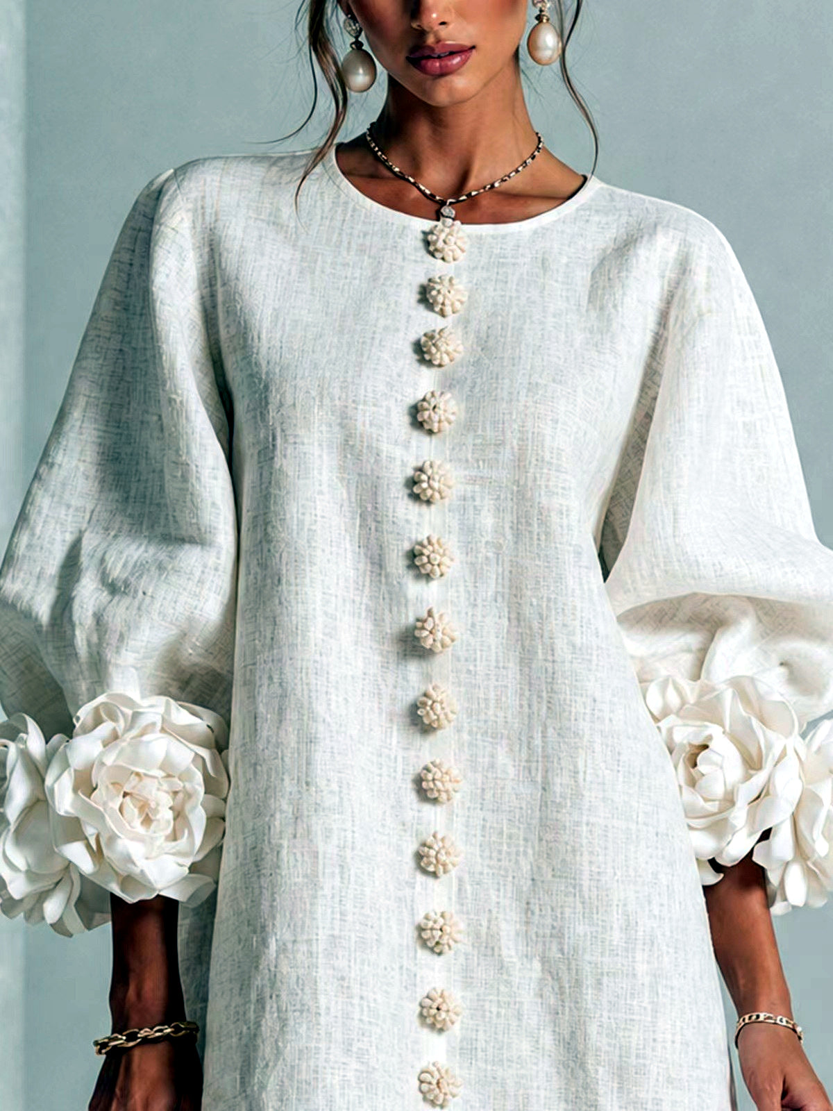 Women's Solid-Color Crew-Neck Button-Front Pullover Relaxed-Fit Dress in White - product view