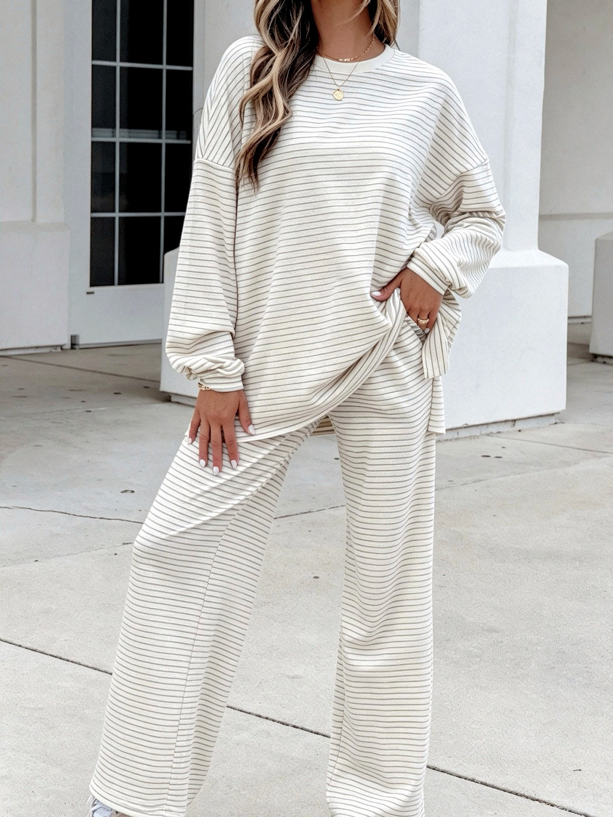 Women's Striped Printed Two-Piece Set in White - product view