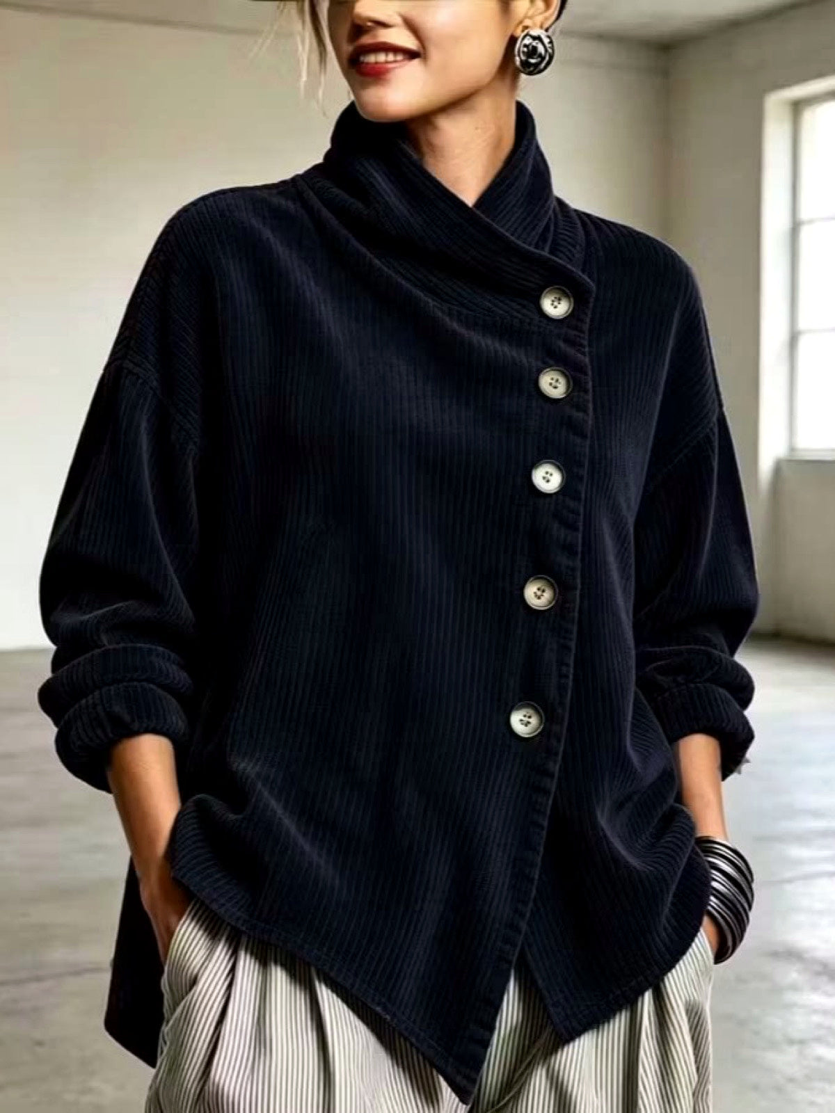 Women's Corduroy Relaxed-Fit Asymmetric Jacket in Navy - product view