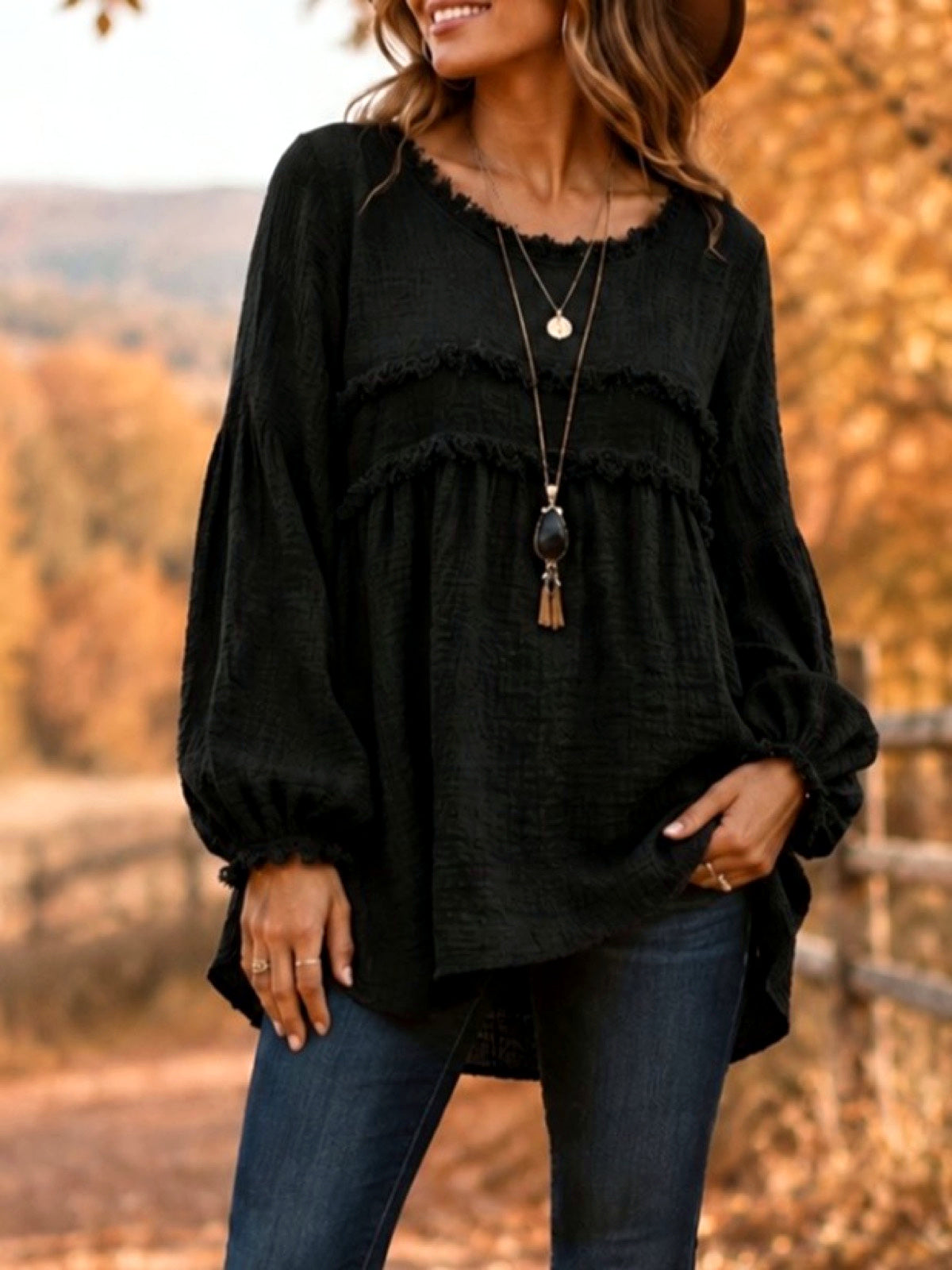Fringe-Trim Lace-Trim Patchwork Accessory in Black - product view