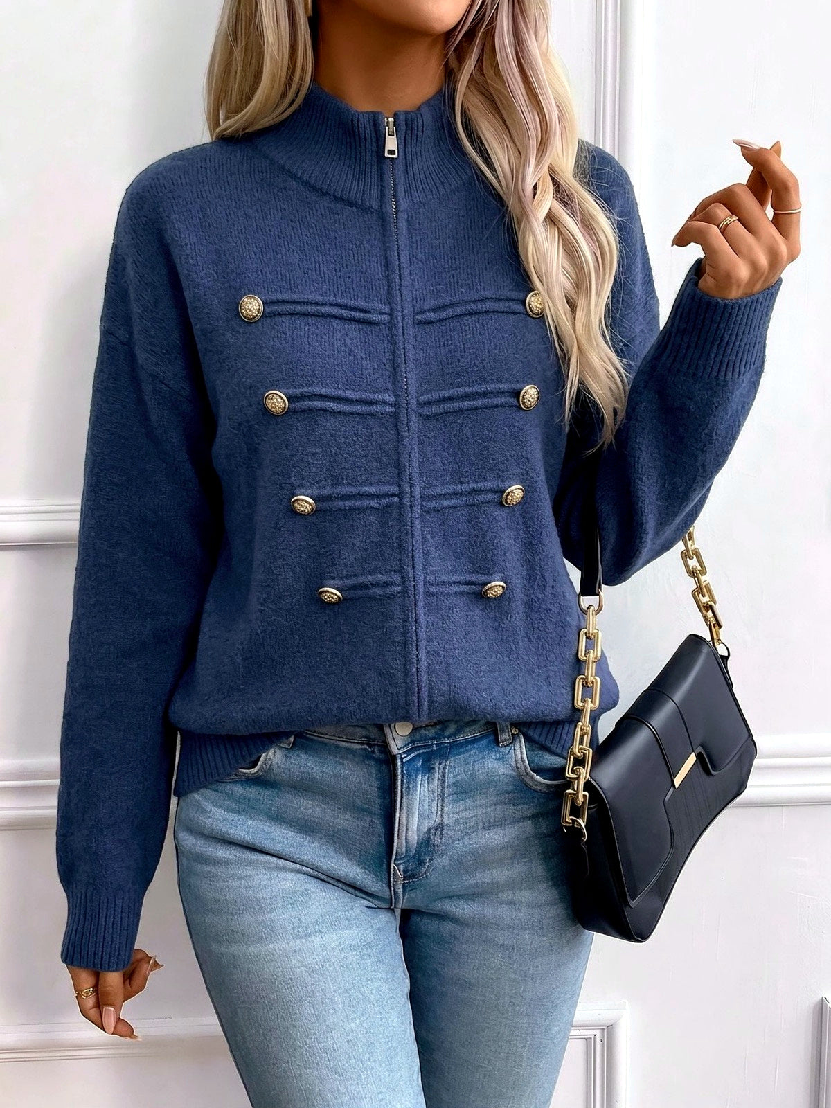 Women's Knit Stand-Collar Zip-Front Cardigan in Navy - product view