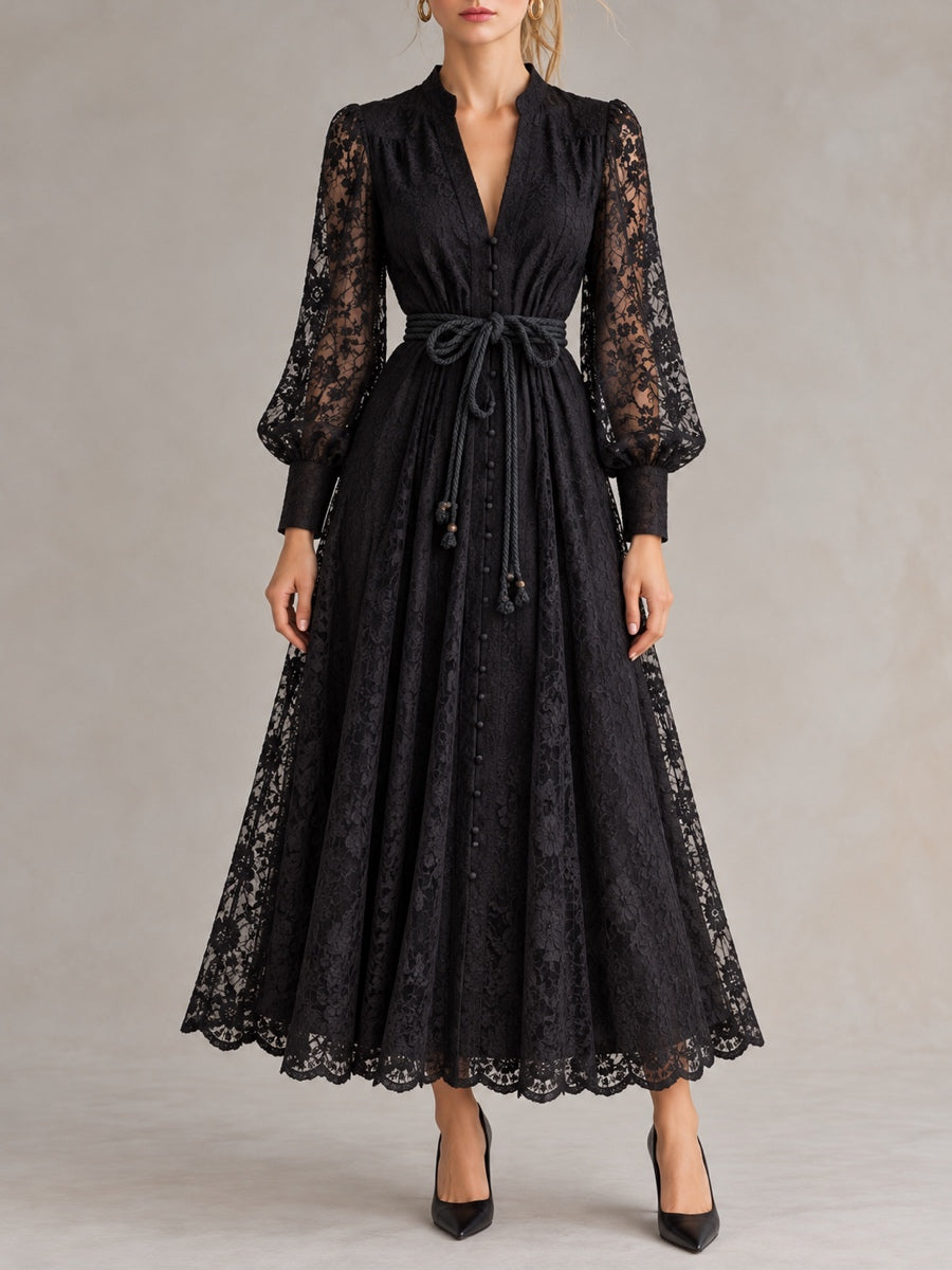 Women's Solid-Color V-Neck Lace-Trim Long-Sleeve Puff-Sleeve Dress