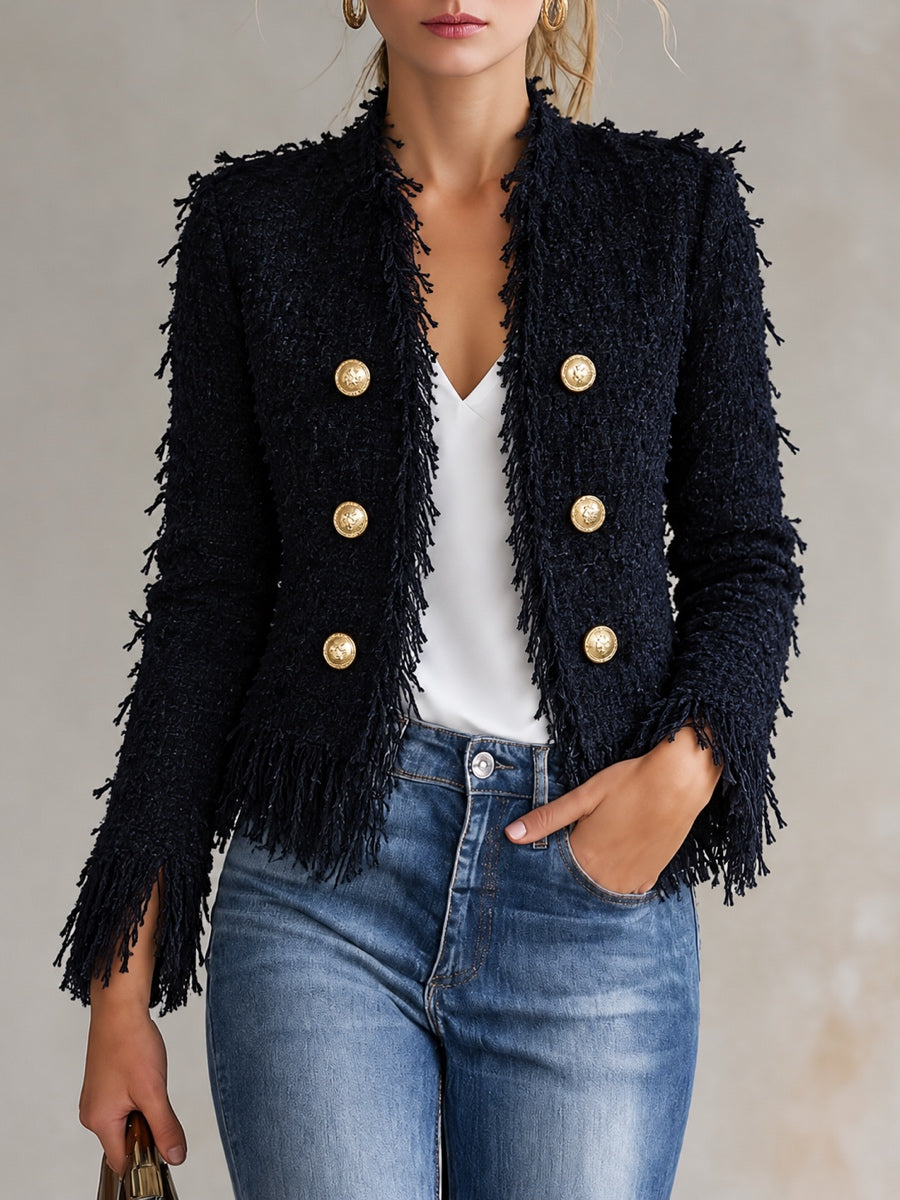 Tweed-Texture Fringe-Trim Cropped Blazer
