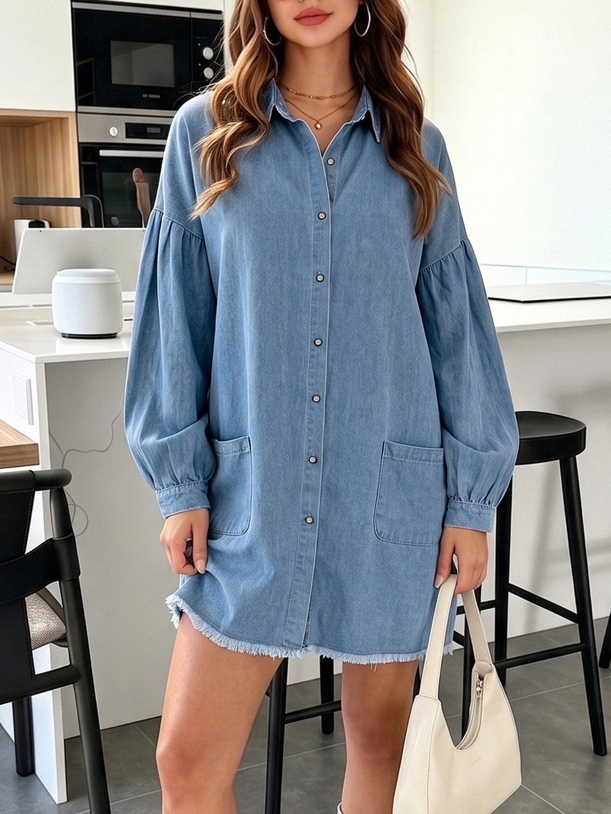 Women's Washed Denim Shirt Dress, Long Sleeve Button Front Loose Midi Dress with Lantern Sleeves