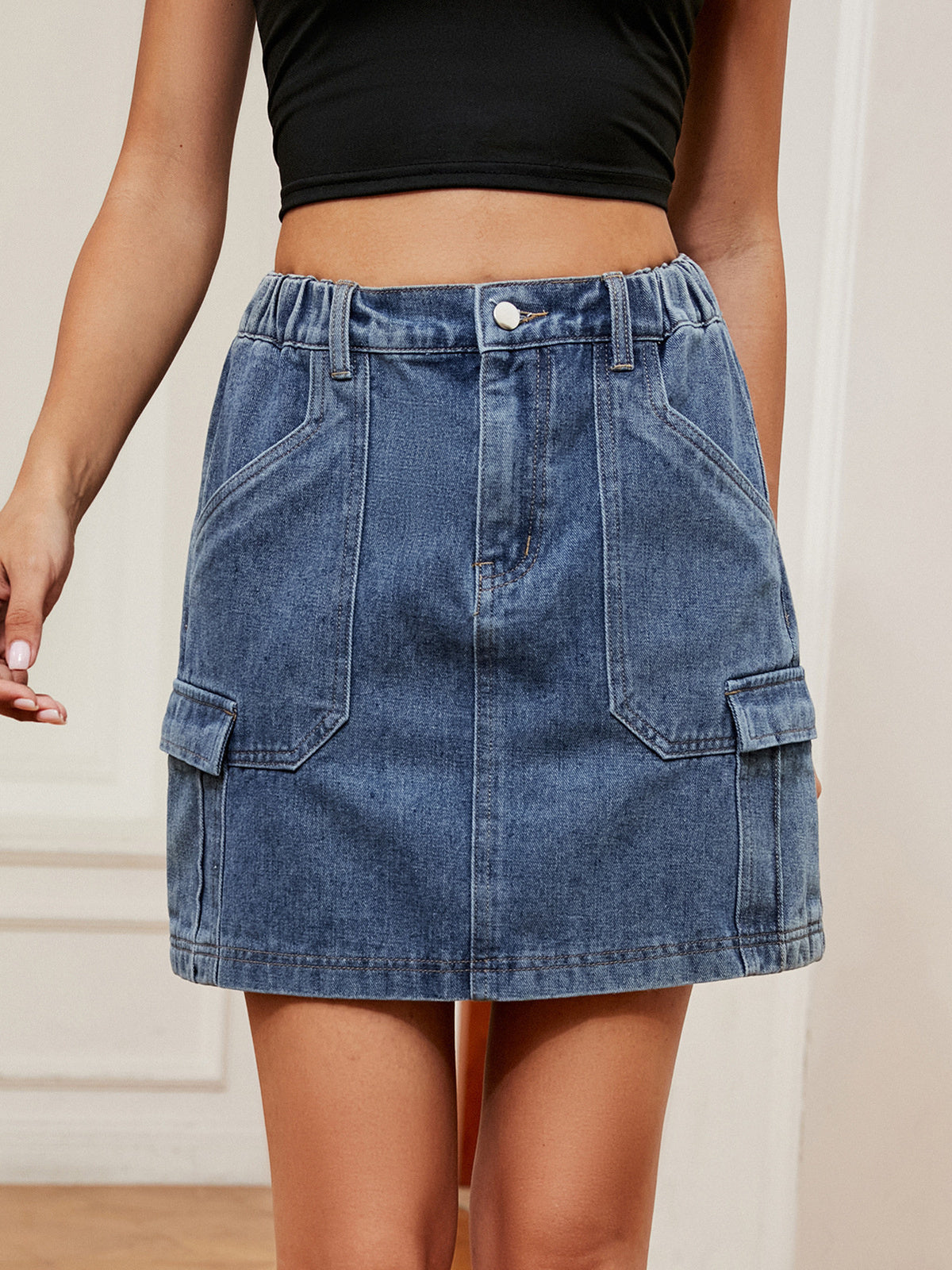 Women’s Washed Denim Cargo Mini Skirt Elastic Waist Utility Pocket Streetwear Short Skirt
