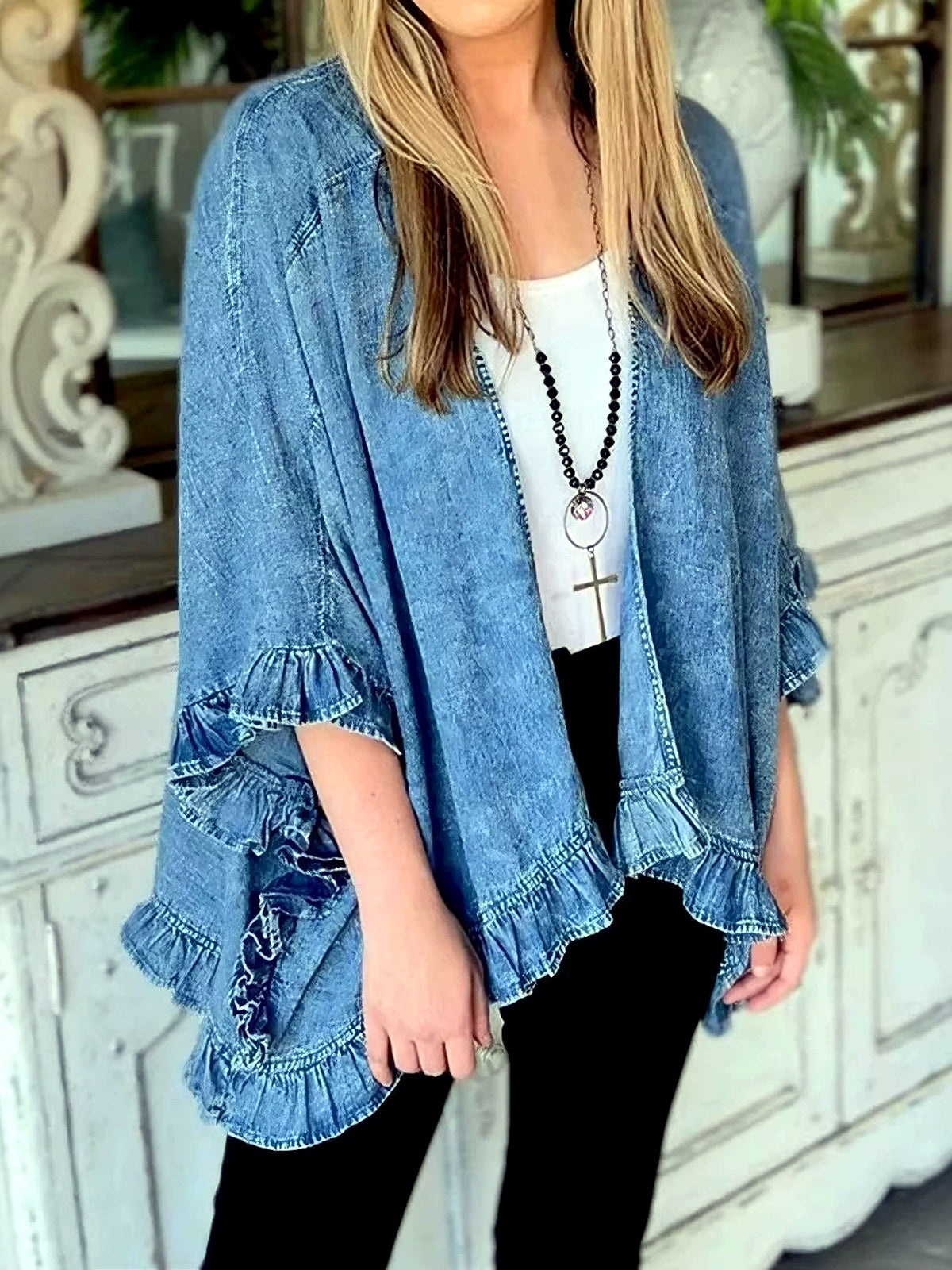 Women's Denim Ruffle-Trim Lace-Trim Washed Jacket - product detail view 1