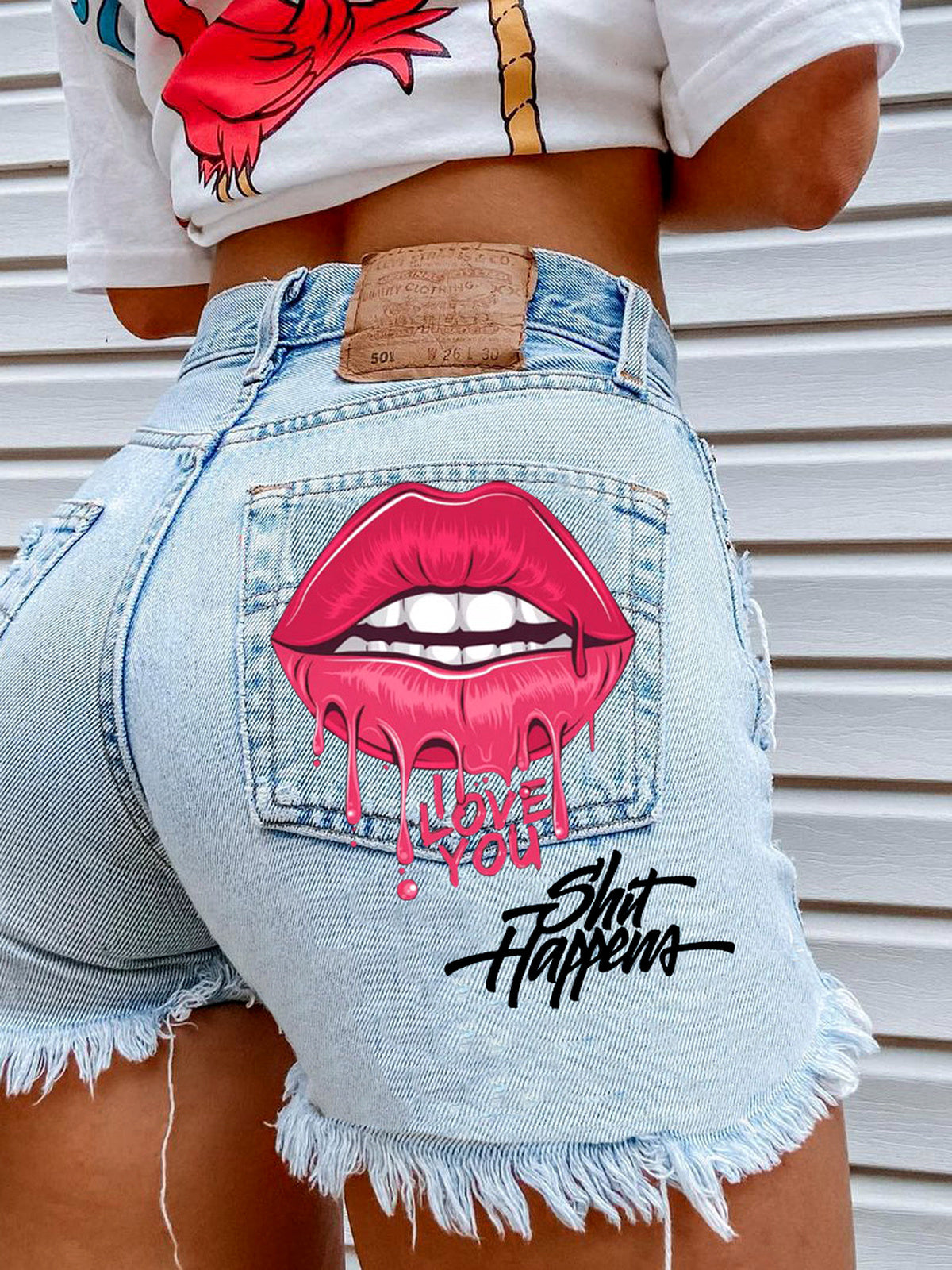 Women's Denim Printed Distressed Relaxed-Fit High-Waist Straight-Leg Shorts in Light Blue - product view