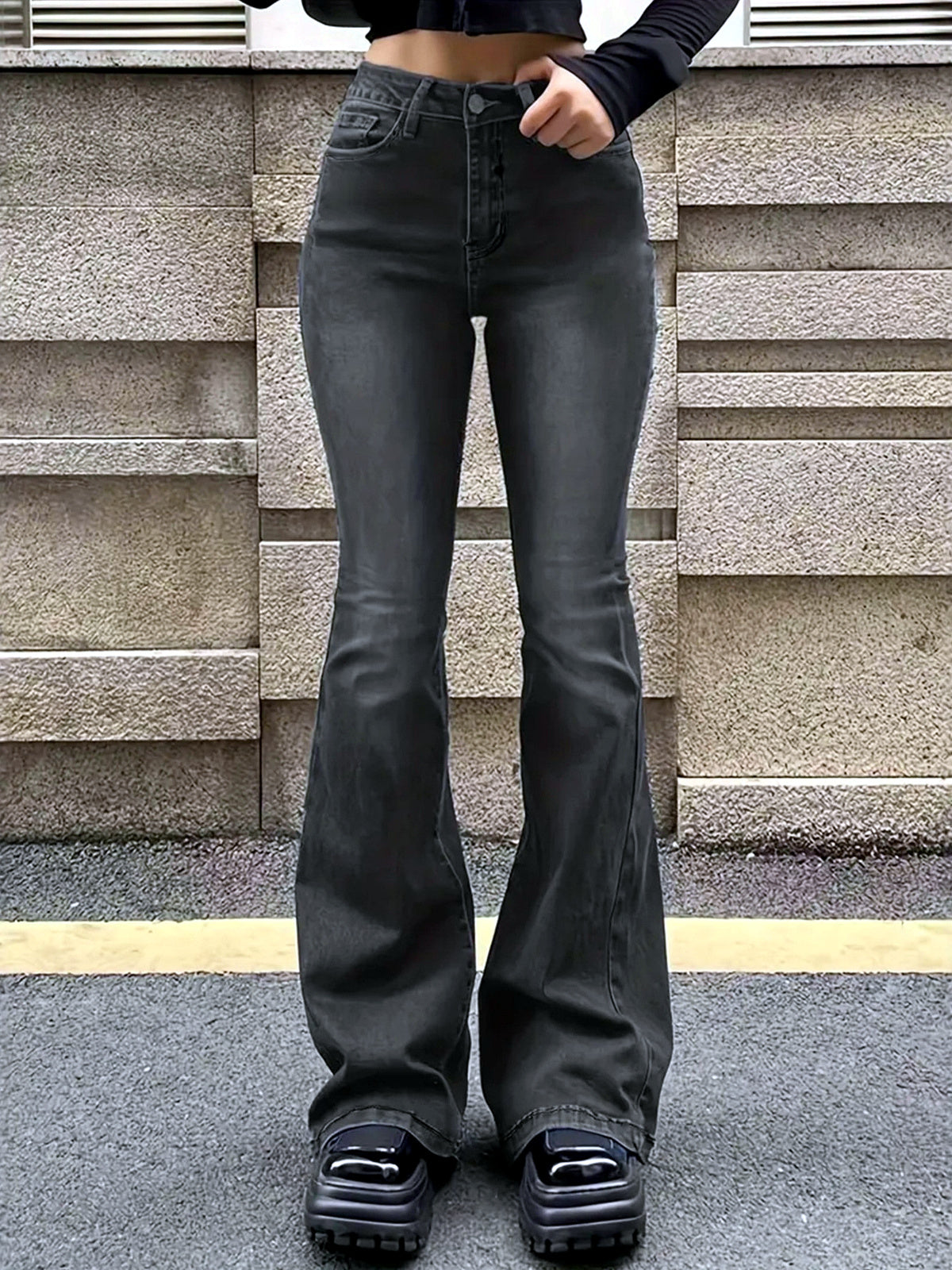 Women's Washed Denim Distressed Slim-Fit Straight-Leg Flared Jeans - product detail view 1