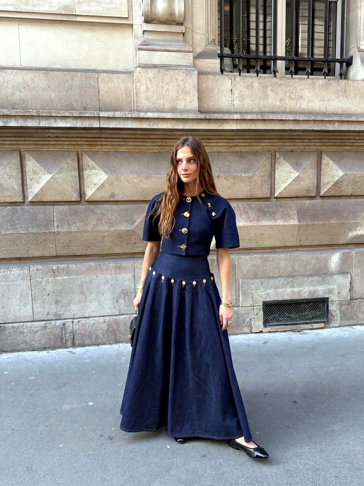 Women's Metal-Button Tie-Front Denim Top & Maxi Skirt Set in Dark Blue - product view