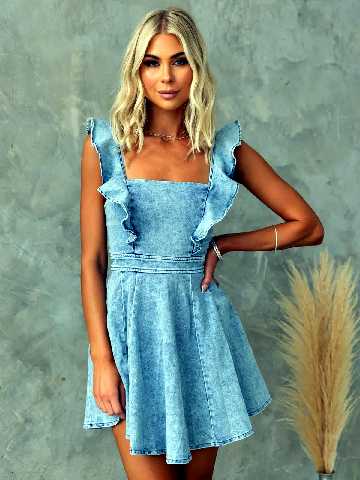 Women's Denim Shirt Dress Seven Quarter Sleeve Loose Casual Spring Dress in Light Blue - product view