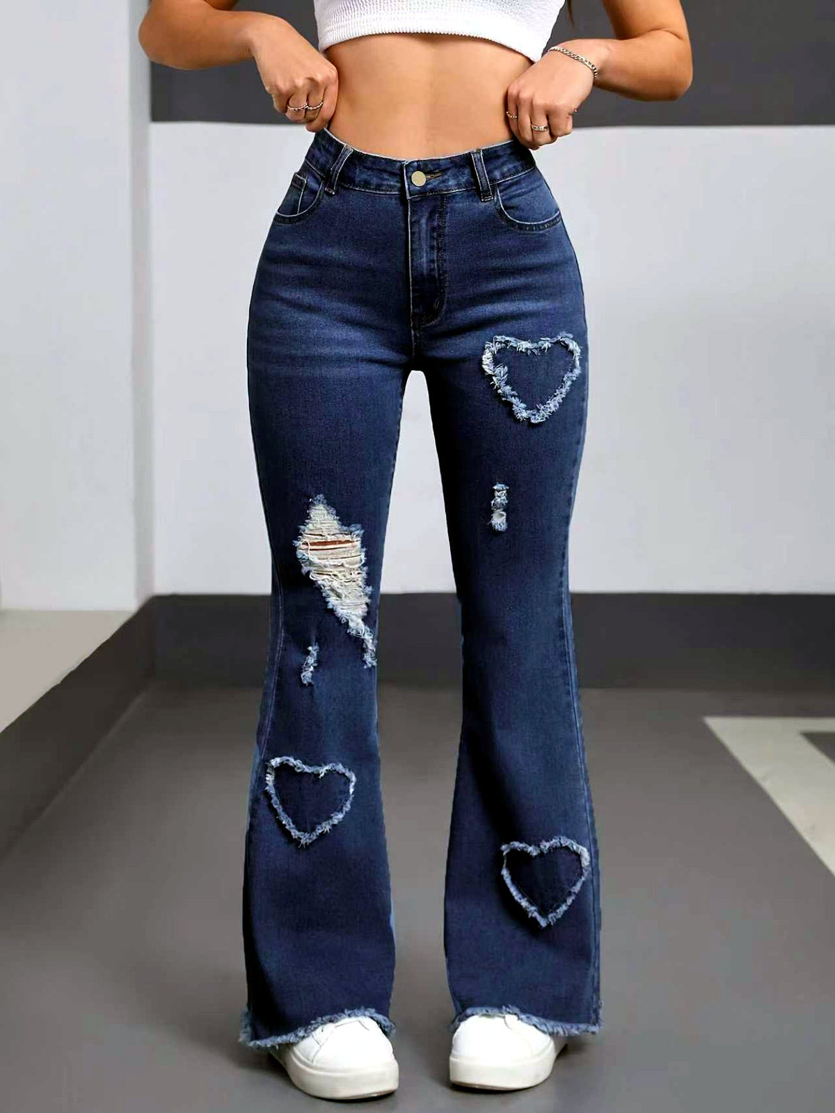 Women's Washed Denim Solid-Color Distressed Raw-Hem Mid-Rise Jeans in Dark Blue - product view