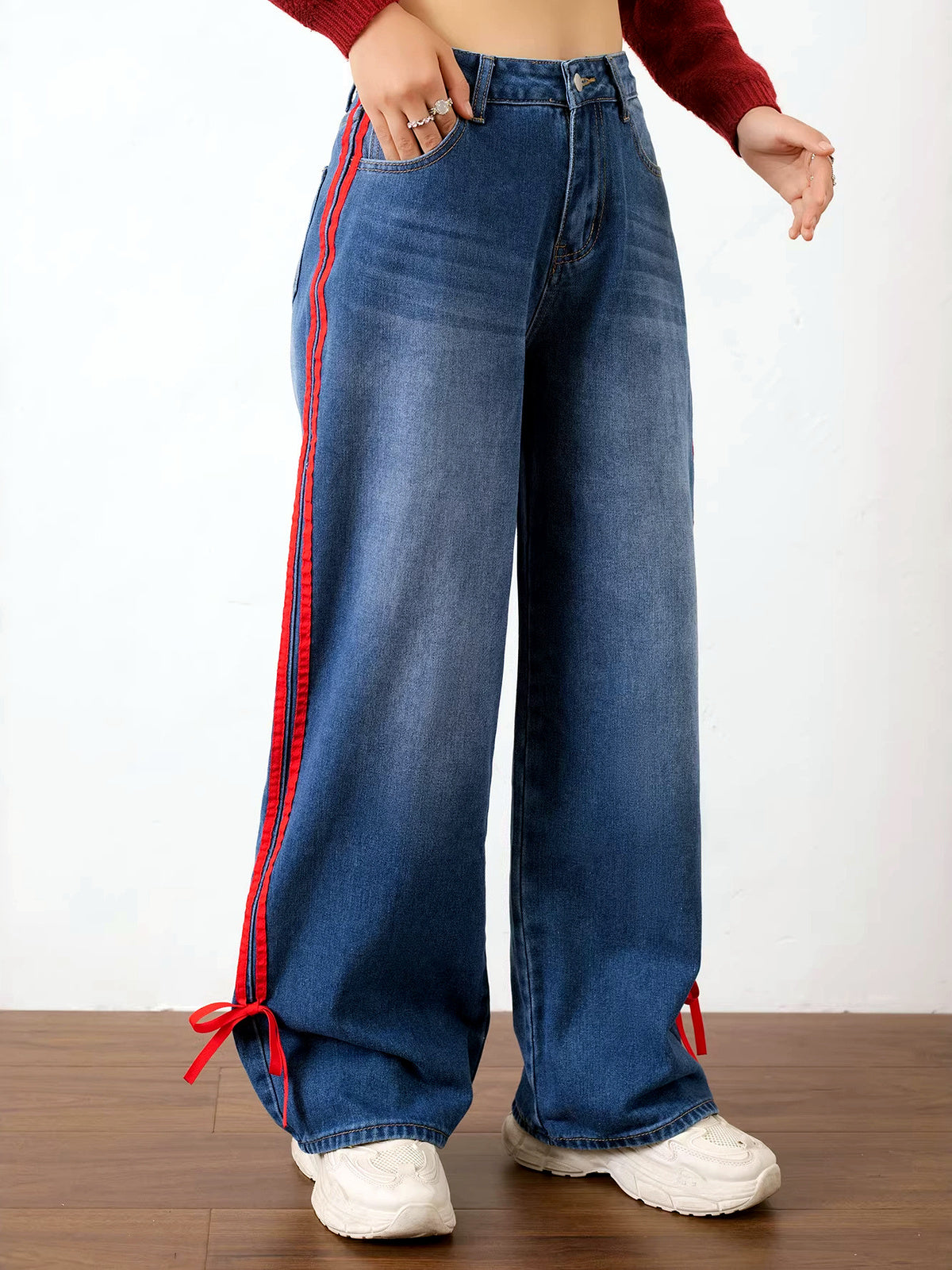 Women's Washed Denim Patchwork Mid-Rise Wide-Leg Straight-Leg Pants - product detail view 1