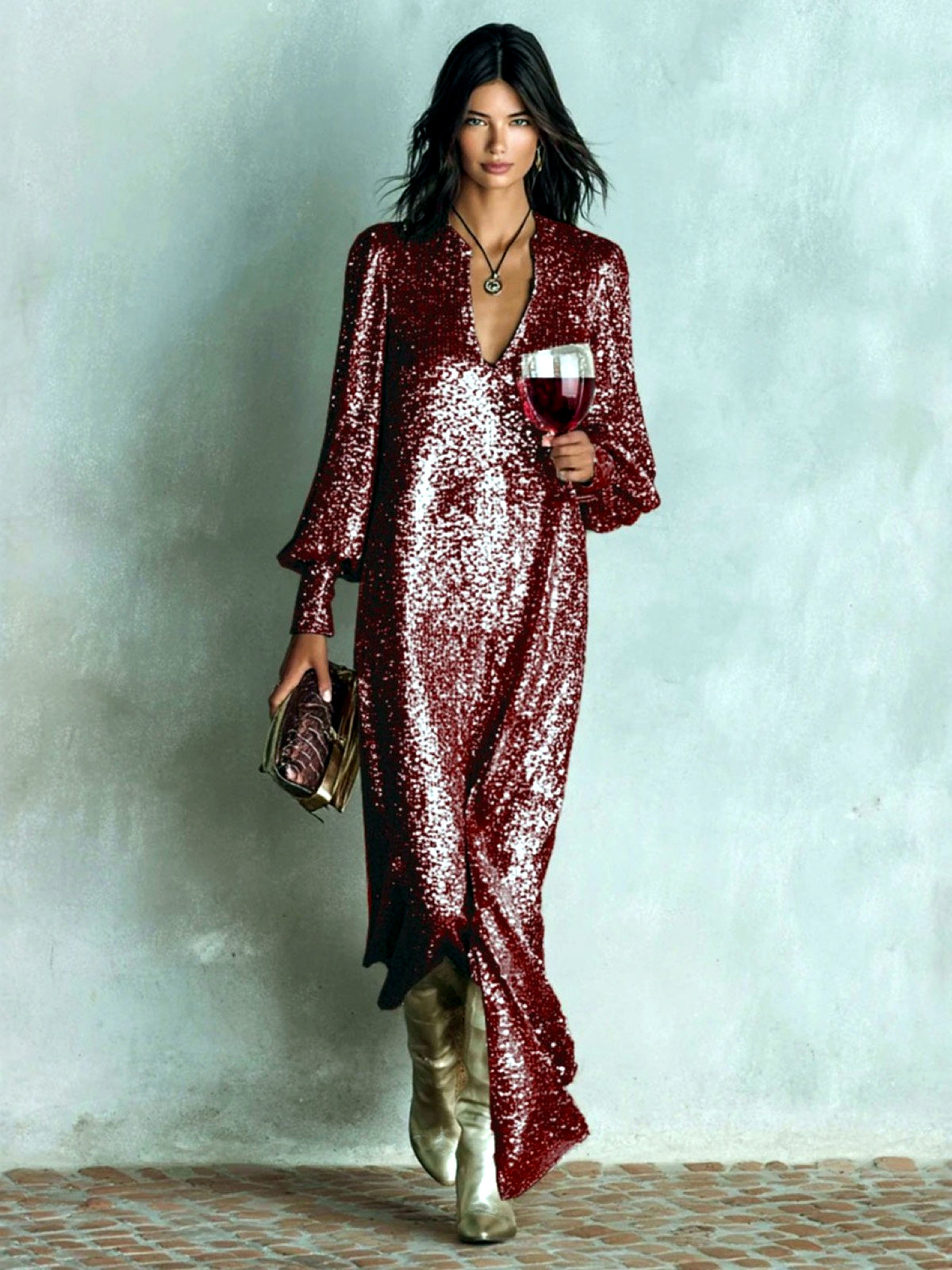 Solid-Color V-Neck Patchwork Pullover Relaxed-Fit Long-Sleeve Dress in Burgundy - product view