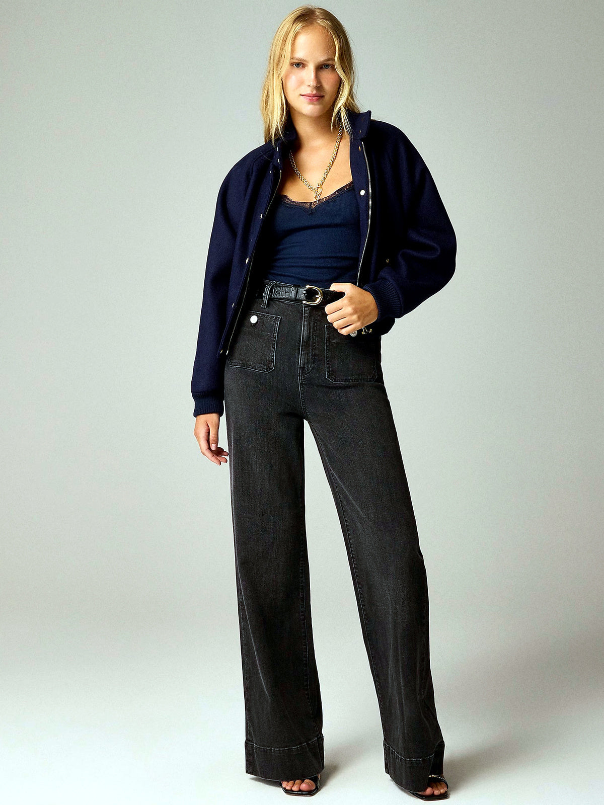 Women's Denim High-Waist Wide-Leg Washed Straight-Leg Flared Relaxed-Fit Jeans in Dark Gray - product view