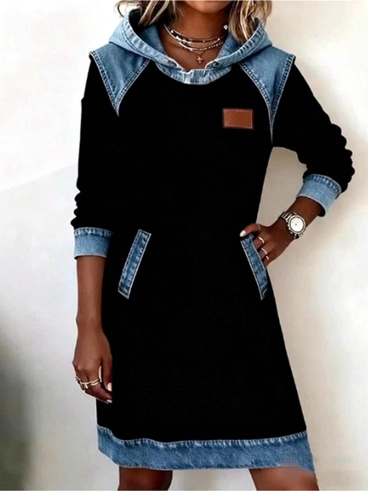 Women's Patchwork Button-Front Long-Sleeve Dress in Black - product view