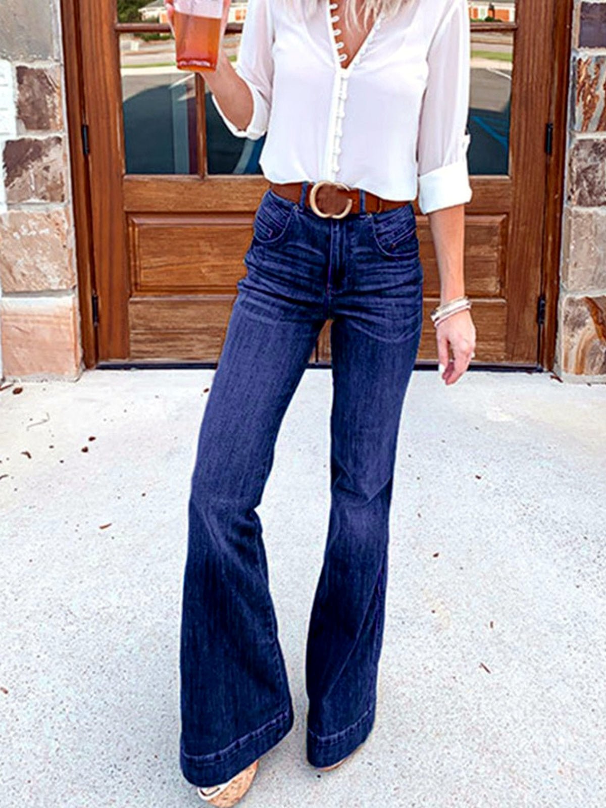 Women's Denim High-Waist Wide-Leg Jeans in Dark Blue - product view