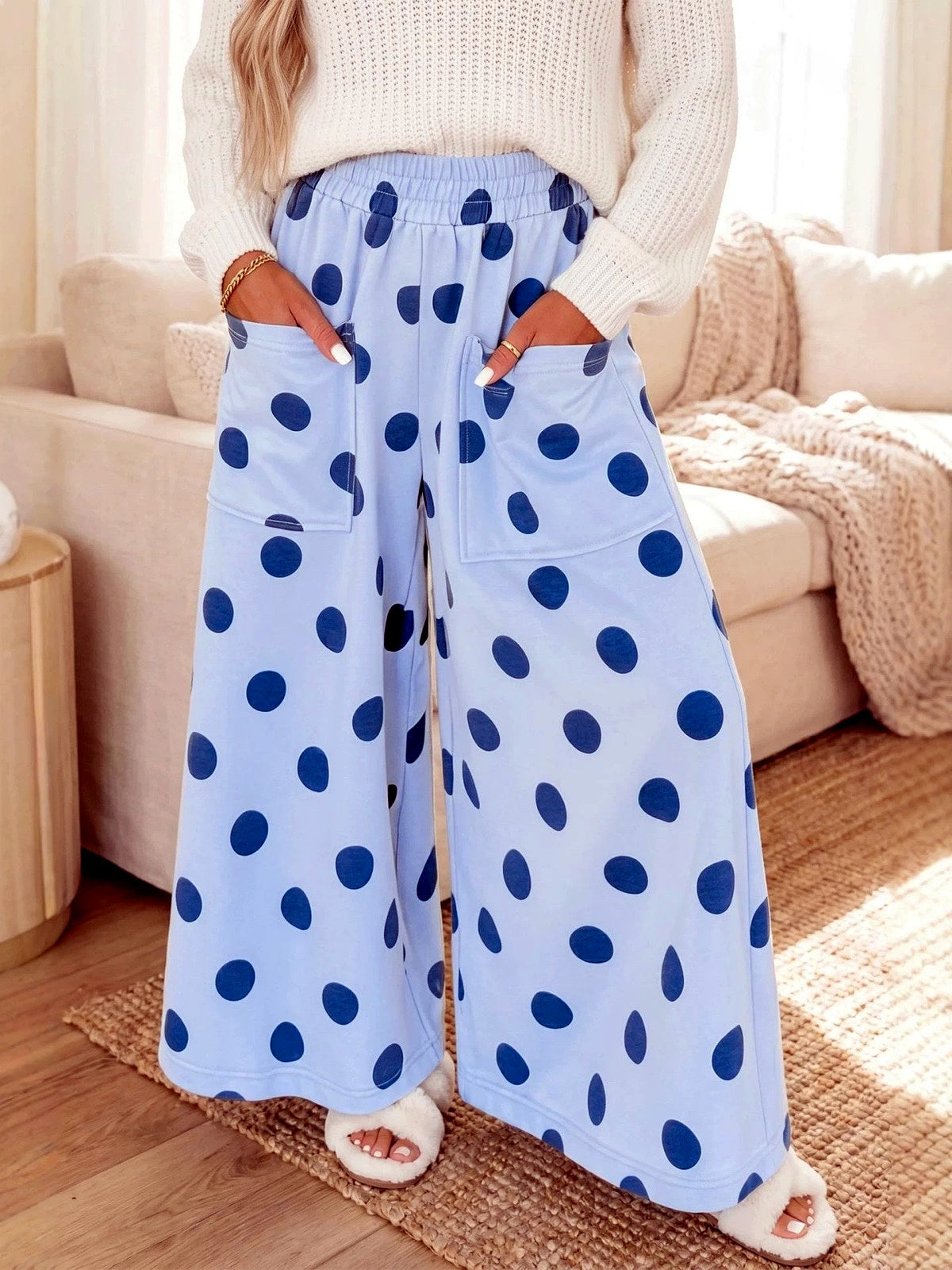 Women's Printed Pocket Polka-Dot High-Waist Wide-Leg Pants in Blue - product view