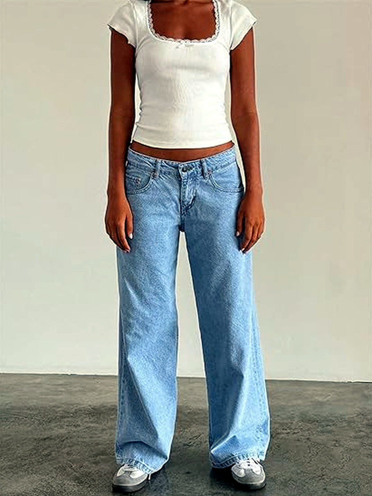 Women's Washed Denim Wide-Leg Vintage-Inspired Distressed Straight-Leg Jeans in Light Blue - product view