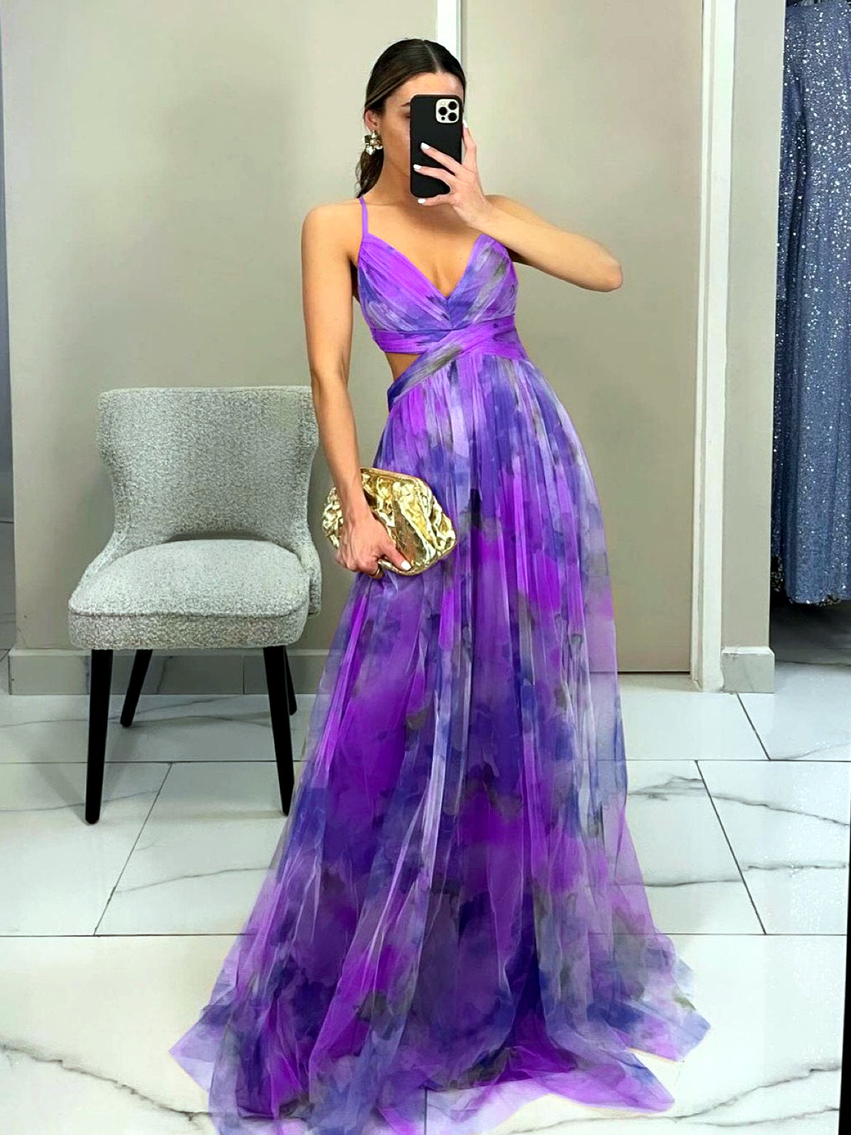 Printed Zip-Front Pullover Slim-Fit Sleeveless Mid-Rise Dress in Purple - product view