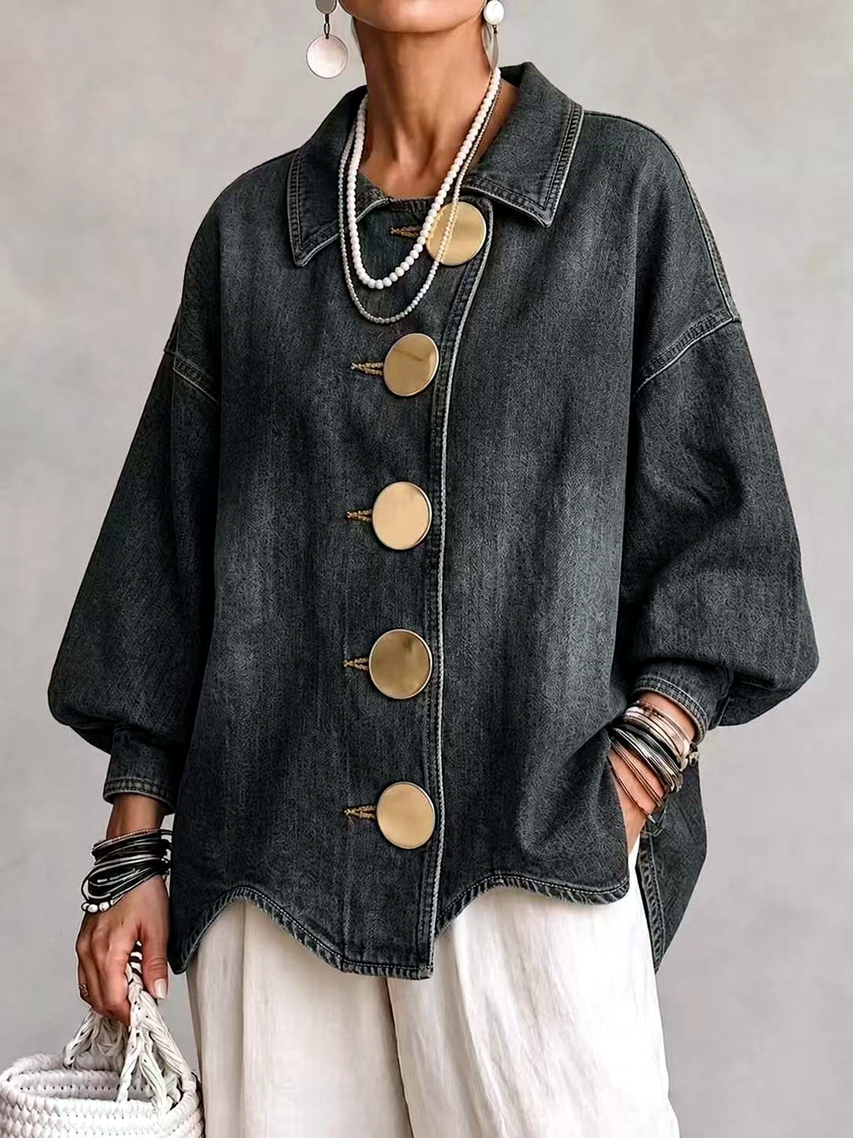 Women's Denim Point-Collar Button-Front Washed Jacket in Black - product view