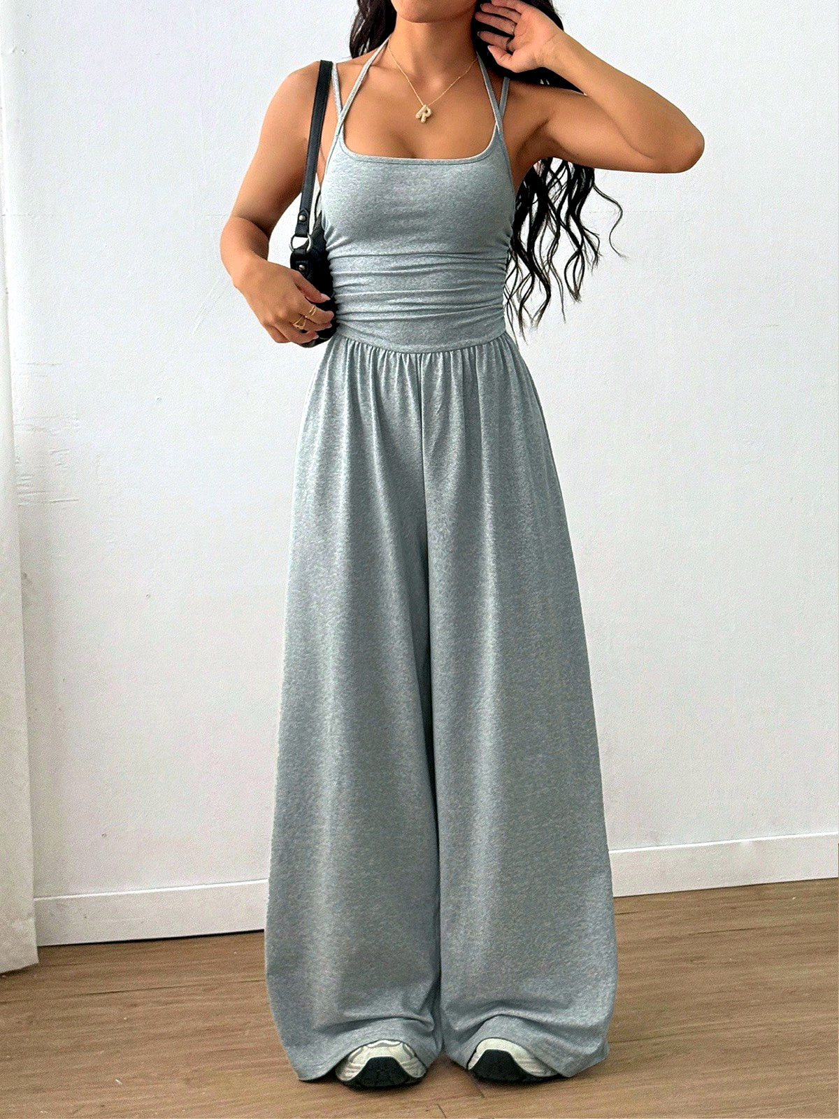 Women's Relaxed-Fit Sleeveless Stretch High-Waist Wide-Leg Jumpsuit in Gray - product view