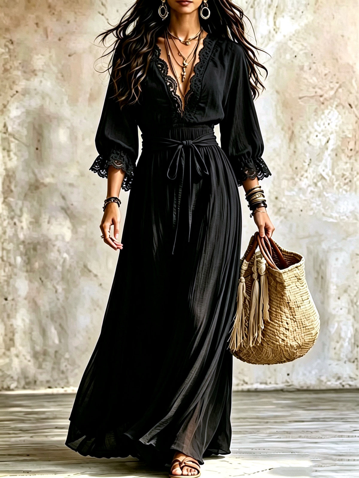 Women's V-Neck Lace-Trim Belted Flared Apparel in Black - product view