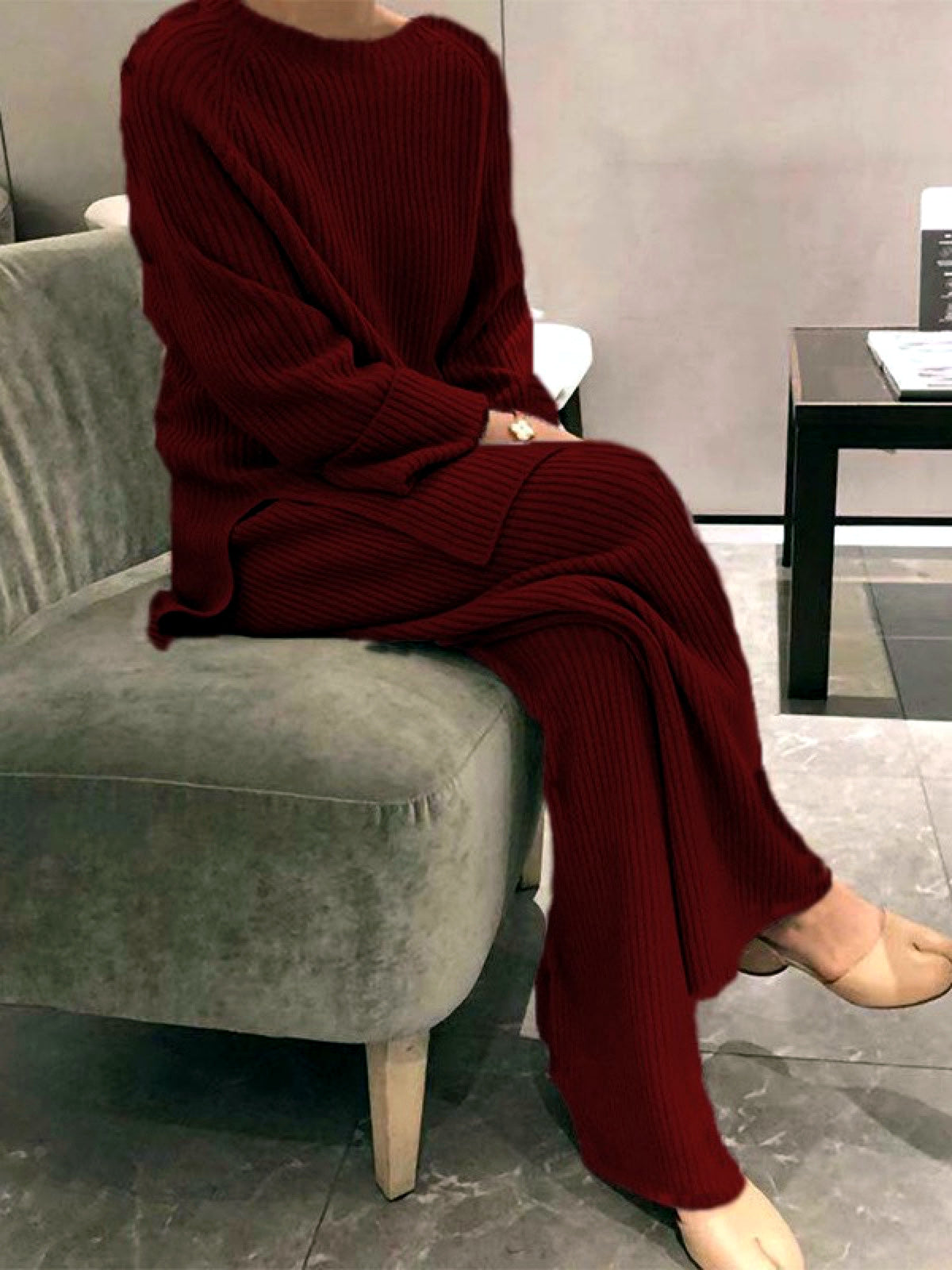 Women's Knit Solid-Color Long-Sleeve Two-Piece Set in Burgundy - product view