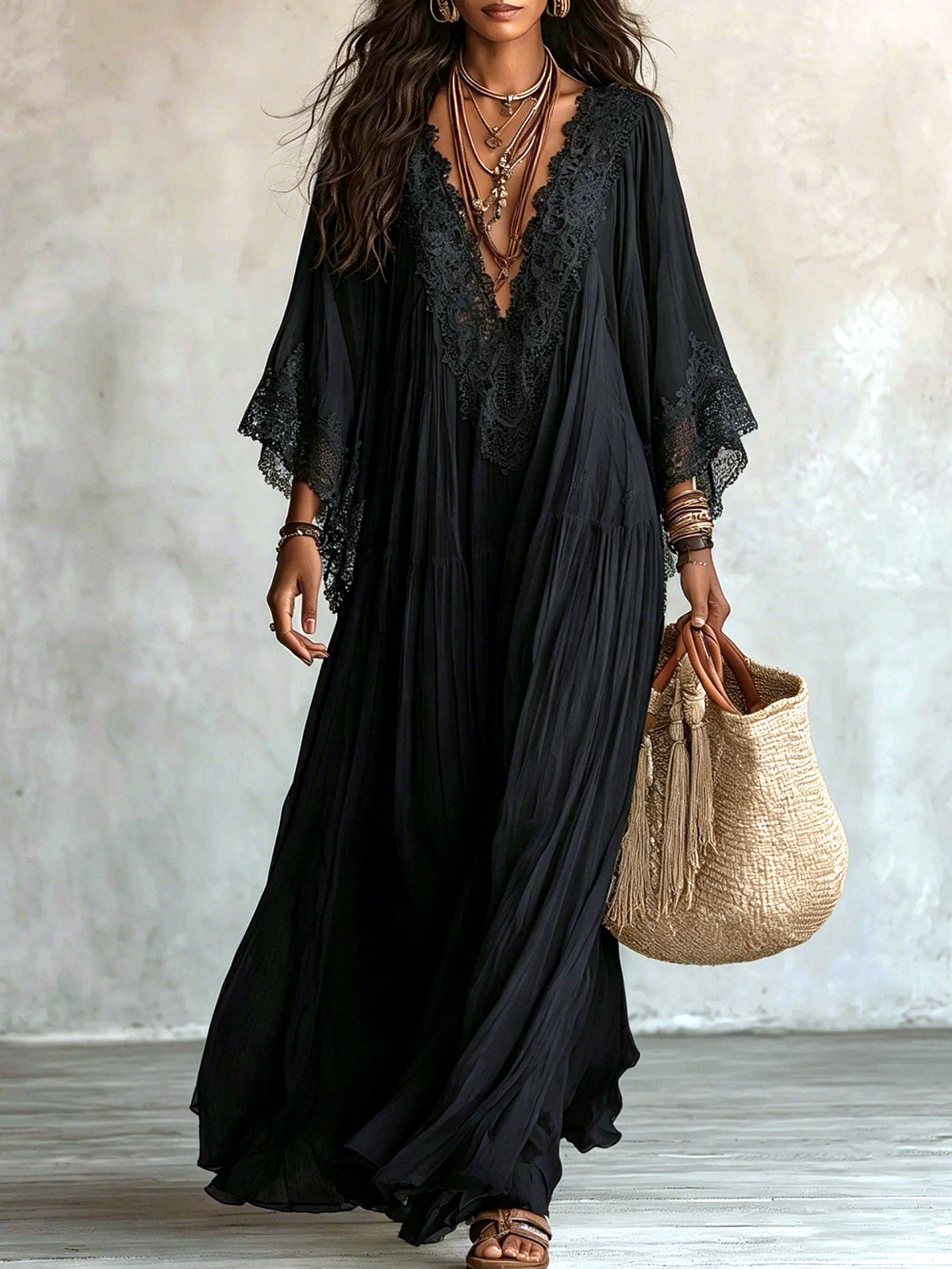 Women's Lace-Trim Patchwork Batwing-Sleeve Longline Dress in Black - product view