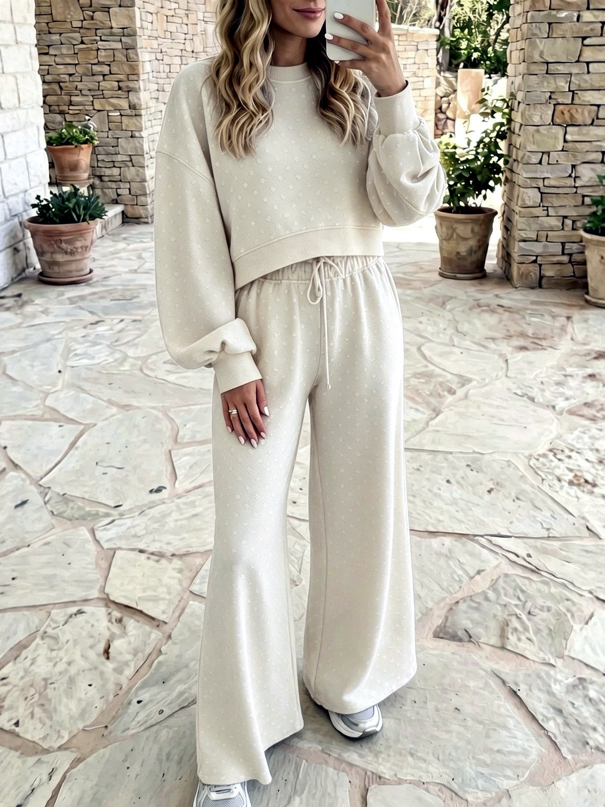 Women's Printed Polka-Dot High-Waist Wide-Leg Top & Pants Set in White - product view