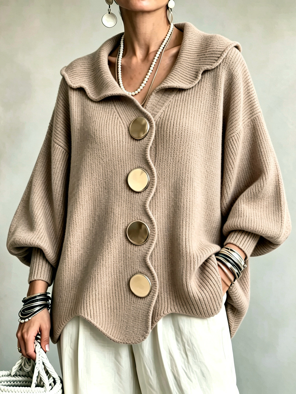 Women's V-Neck Long-Sleeve Top in Khaki - product view